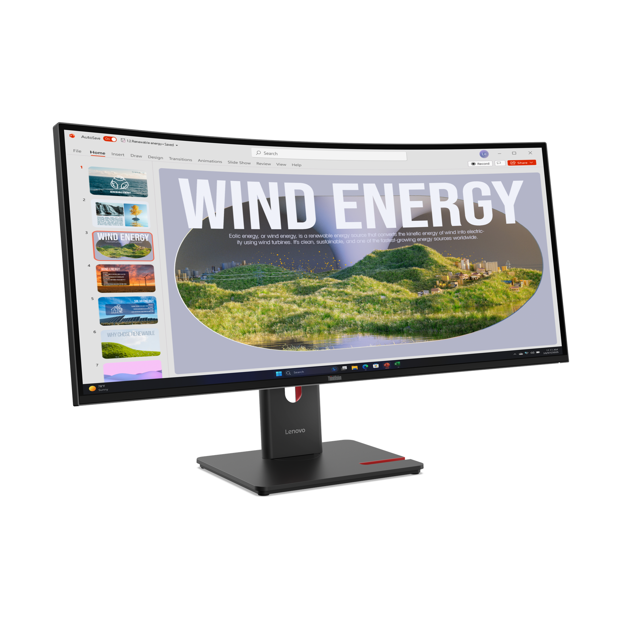 Ein gewölbter Monitor zeigt eine Präsentation über Windenergie. Ein Bildschirm zeigt Folien, und der Lenovo-Monitor steht auf einem schwarzen Ständer.