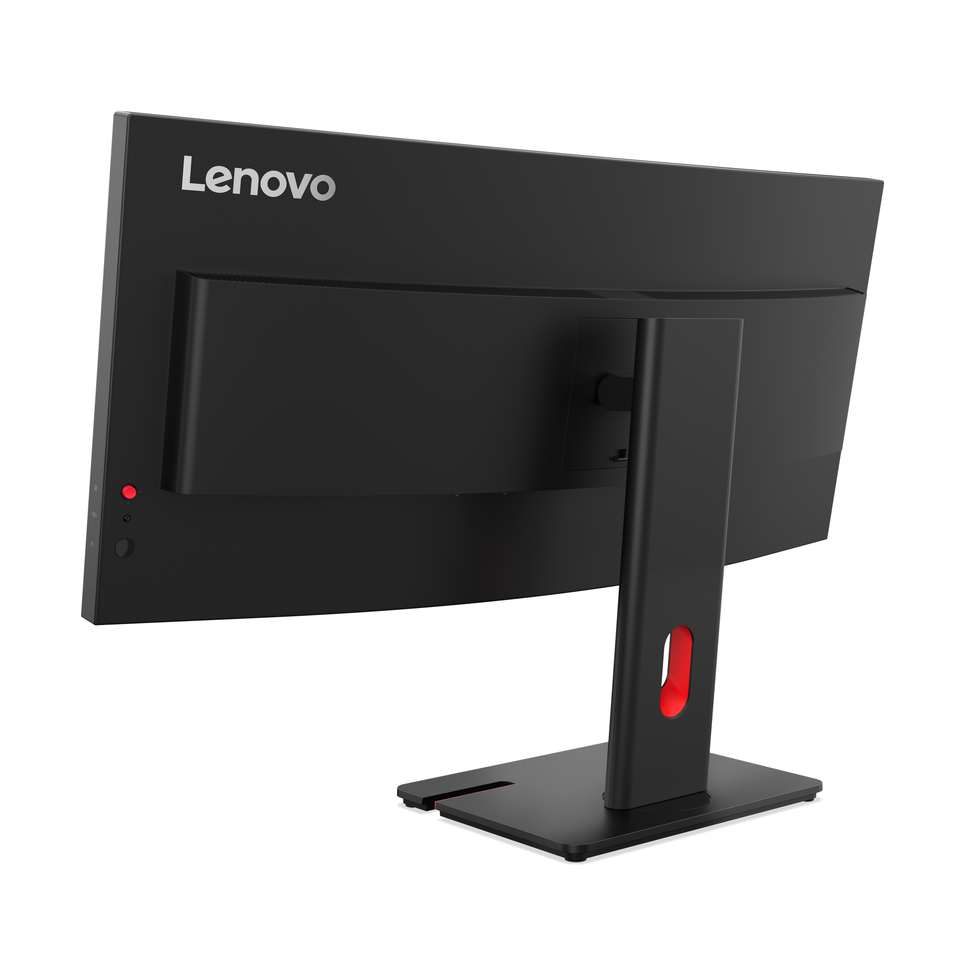 Rückseite eines schwarzen Lenovo-Monitors, roter Akzent am Ständer, auf schwarzem Hintergrund.