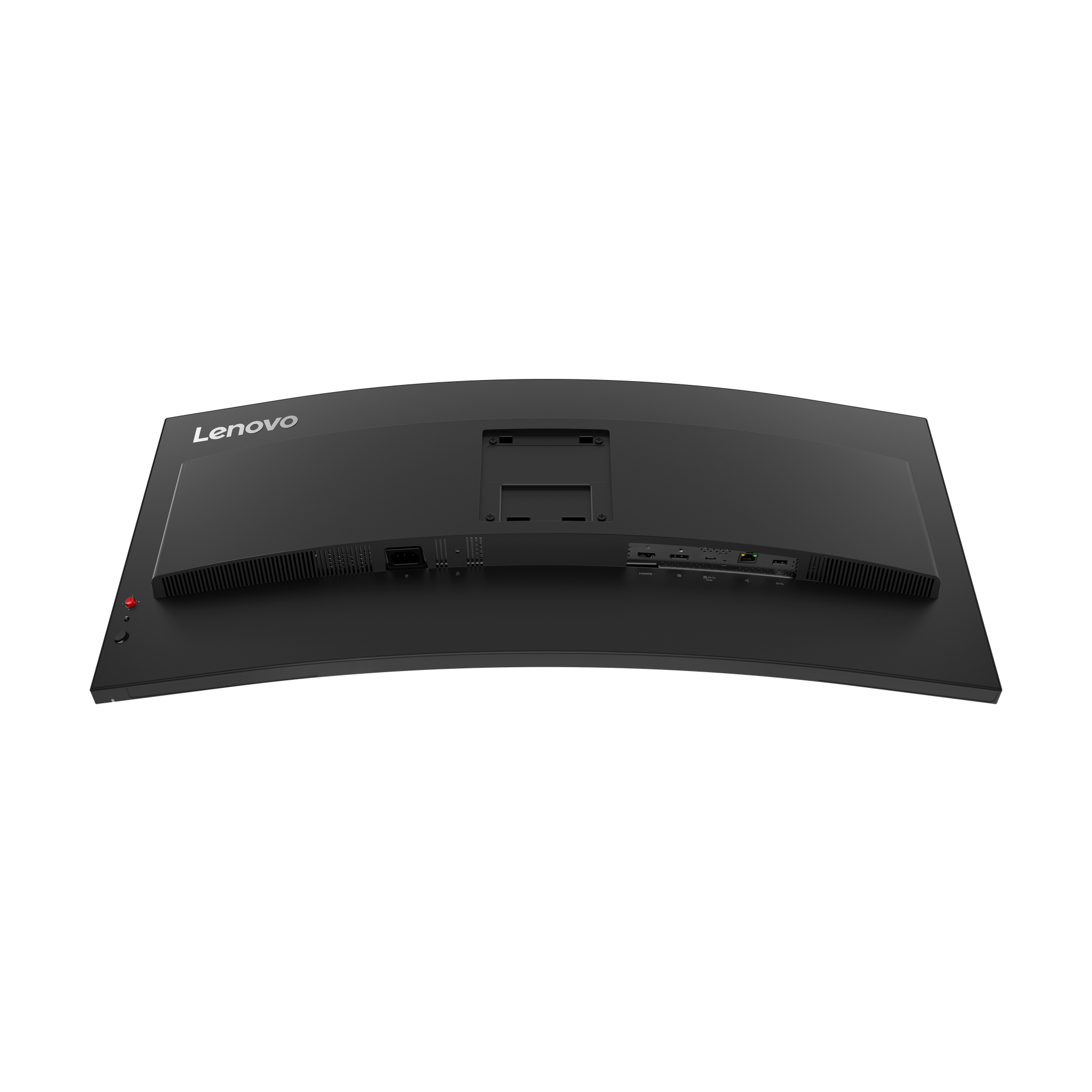 Rückansicht eines schwarzen Lenovo-Monitors. Anschlüsse, Ein-/Aus-Taste und Lenovo-Logo sind sichtbar. Der Monitor ist gebogen.