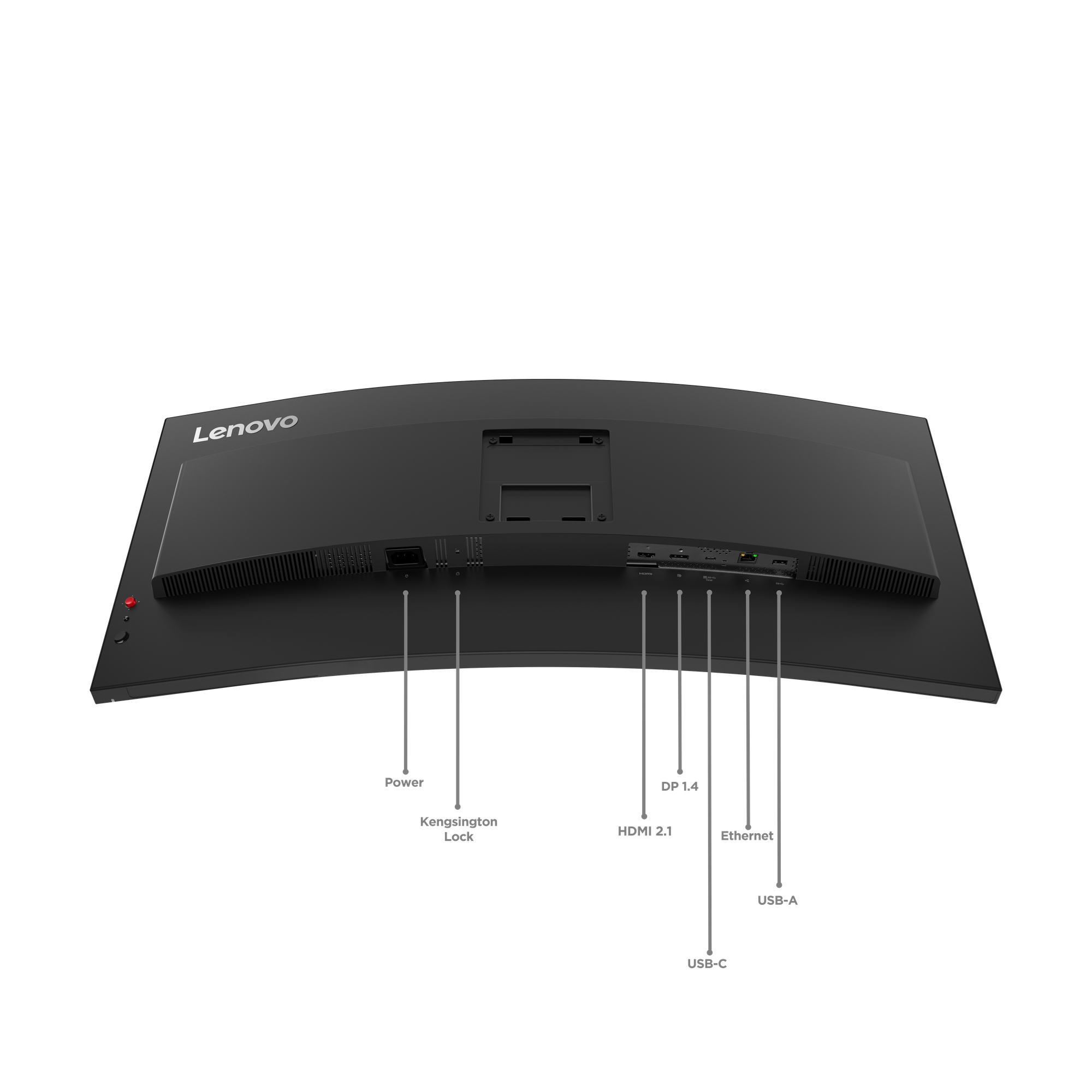 Rückseite eines schwarzen Lenovo-Monitors mit Anschlüssen: Strom, Kensington Lock, HDMI, DP, Ethernet, USB-A, USB-C.