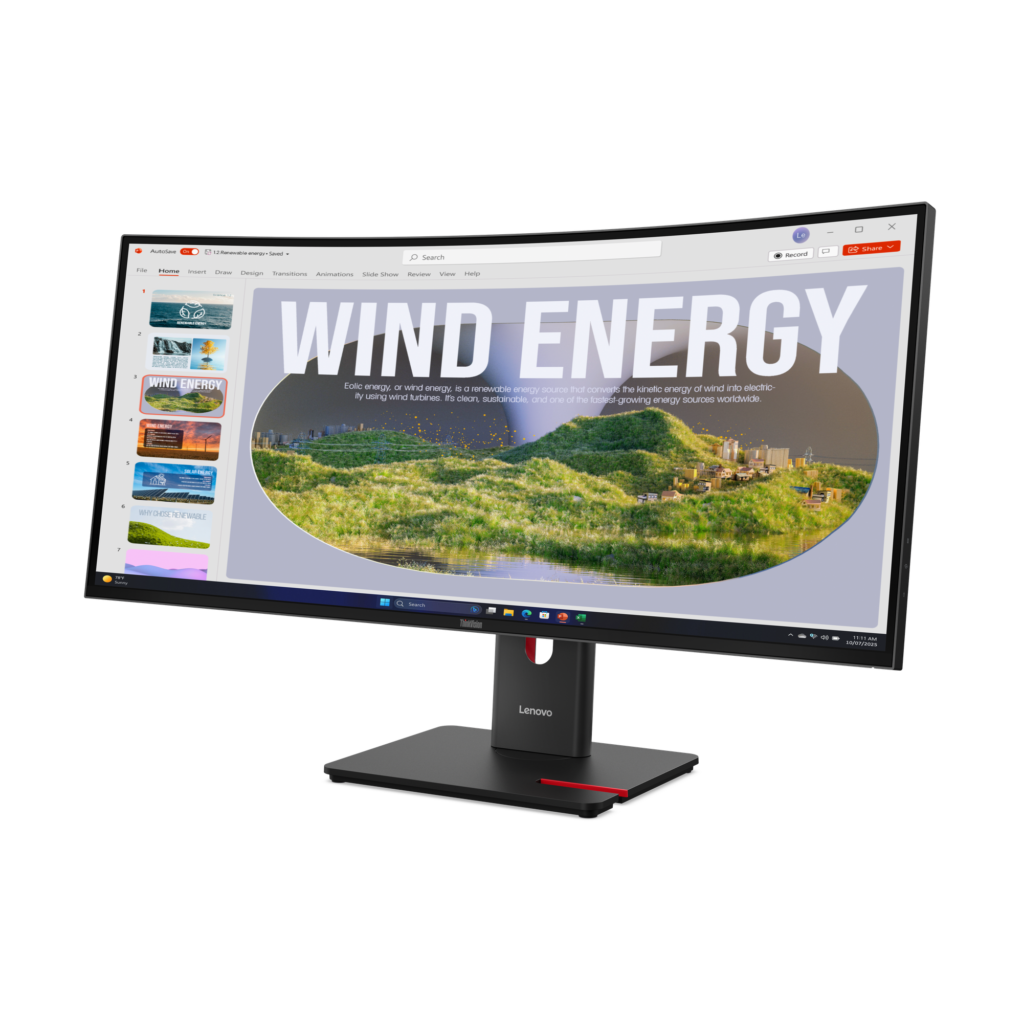 Ein Lenovo-Monitor zeigt eine Präsentation über Windenergie. Der Monitor ist schwarz mit roter Akzentfarbe und gewölbtem Bildschirm.