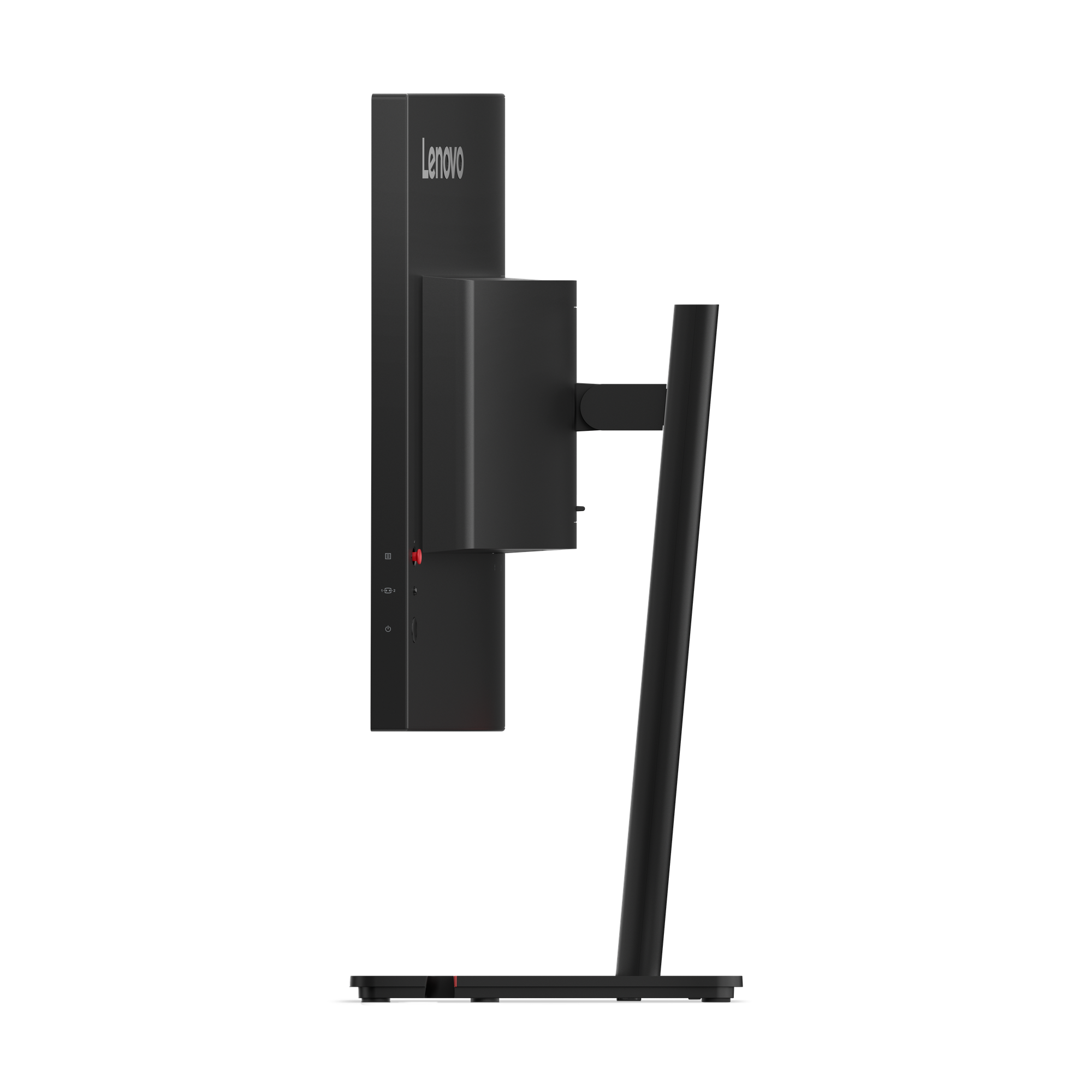 Ein schwarzer Lenovo-Monitor, Seitenansicht, mit Ständer. Der Monitor hat eine rechteckige Form.