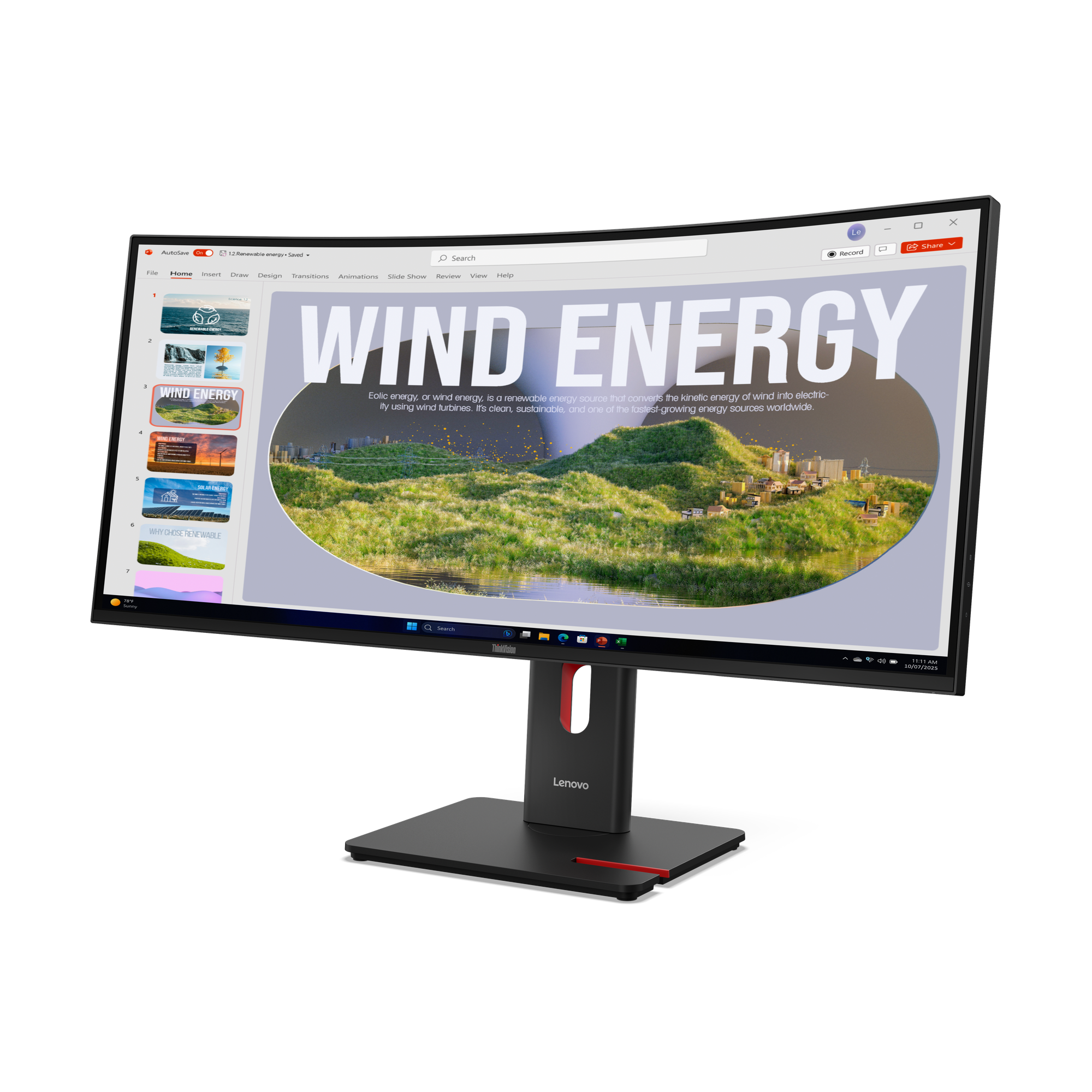Ein Lenovo-Monitor zeigt eine PowerPoint-Präsentation über Windenergie. Der Bildschirm zeigt eine grüne Landschaft und Text.