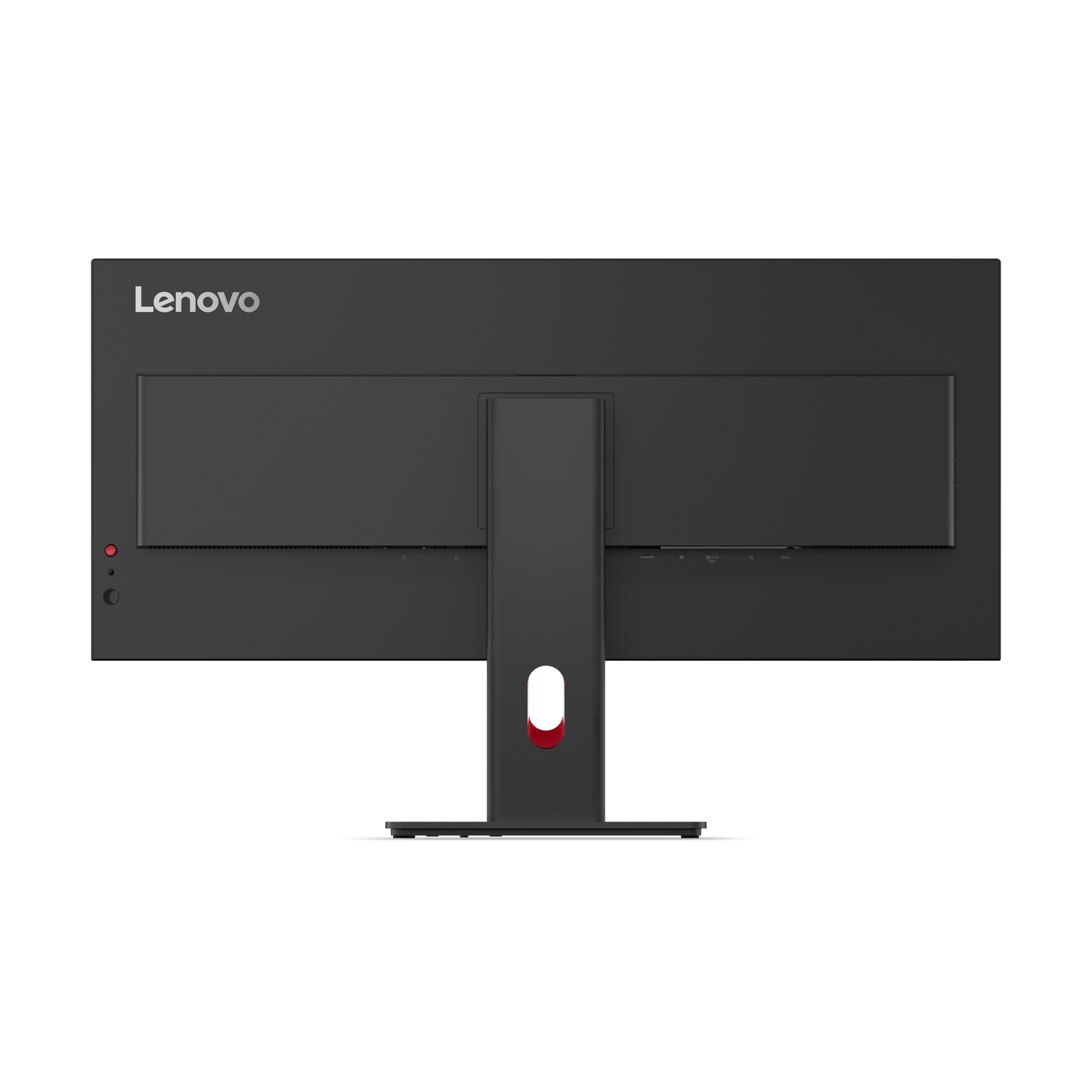 Rückansicht eines Lenovo-Monitors. Er hat ein schwarzes Gehäuse und einen roten Akzent am Ständer. Der Hintergrund ist schwarz.