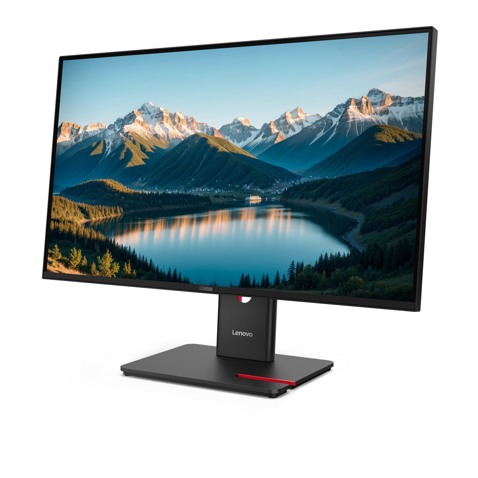 Ein Lenovo-Monitor zeigt eine Berglandschaft mit See. Der Monitor ist schwarz und steht auf einem schwarzen Sockel mit rotem Akzent.