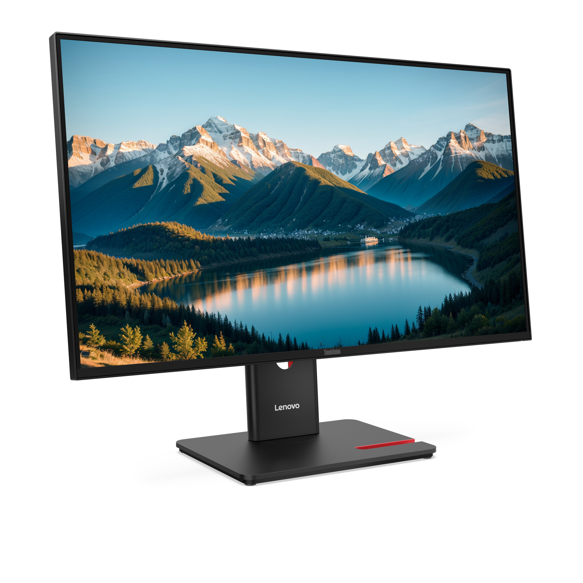 Ein Lenovo-Monitor zeigt eine Berglandschaft mit See. Schwarzer Rahmen, Ständer und Basis.