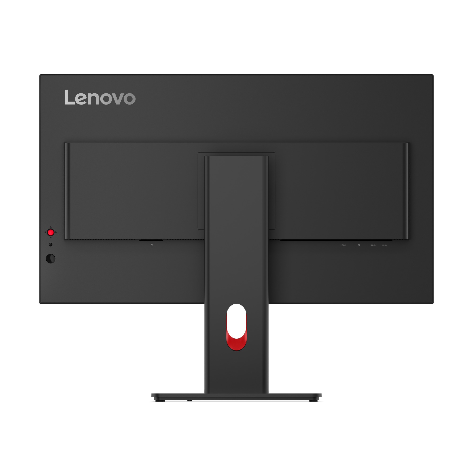 Rückansicht eines Lenovo-Monitors. Er hat einen schwarzen Rahmen, einen Standfuß mit roten Akzenten und das Lenovo-Logo.