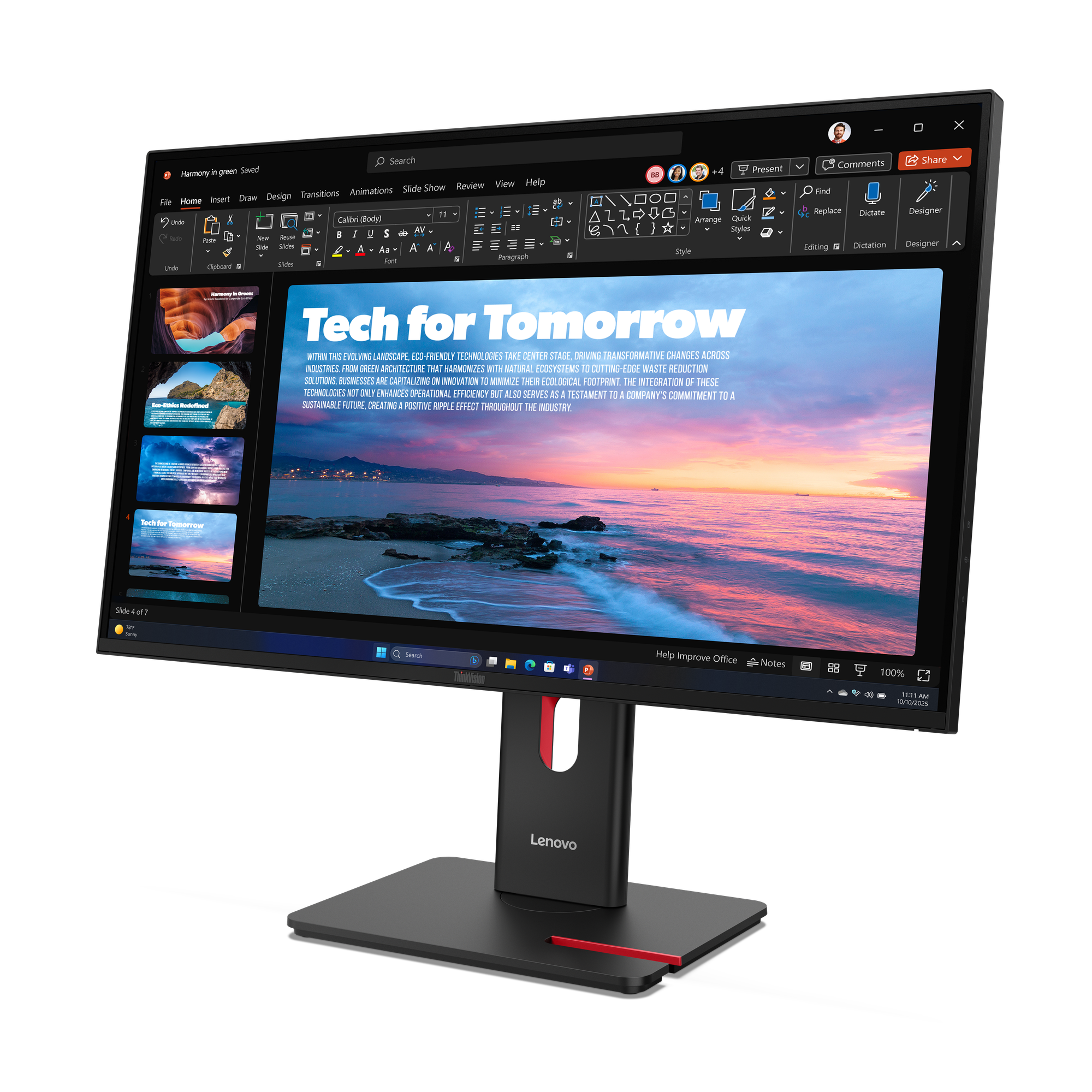Ein Lenovo-Monitor zeigt eine Präsentation mit dem Titel 'Tech for Tomorrow' und einer Strandszene. Er hat einen schwarzen Sockel und rote Akzente.