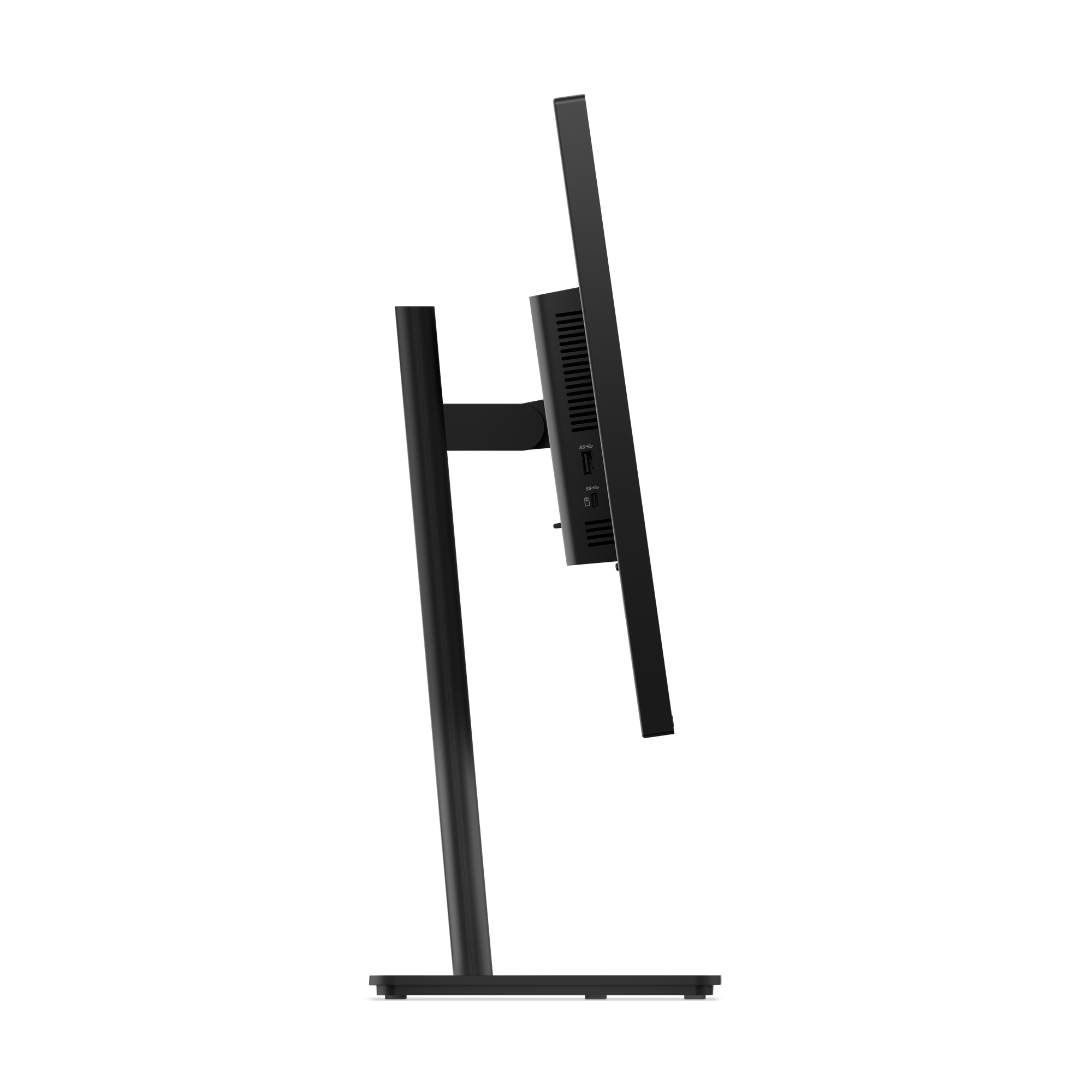 Ein schwarzer Computermonitor, von der Seite betrachtet, steht auf einem schwarzen Ständer. Schwarzer Hintergrund.