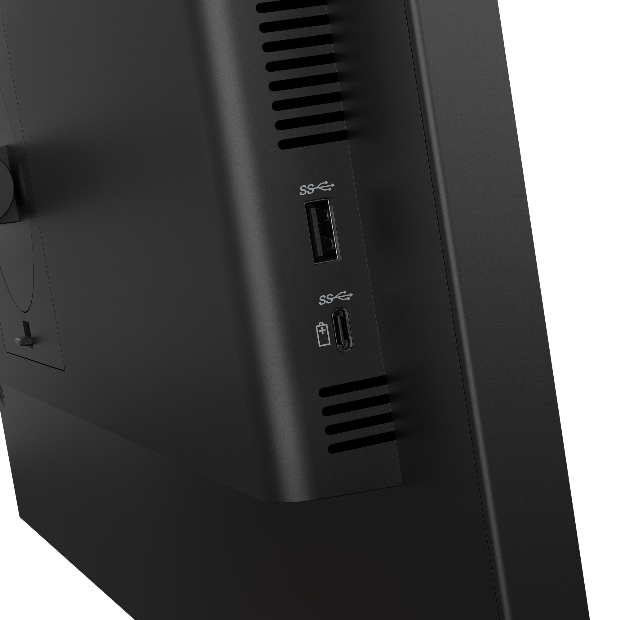 Nahaufnahme einer schwarzen Computer-Monitorseite. Es zeigt einen USB-Anschluss, einen USB-C-Anschluss und Lüftungsschlitze.