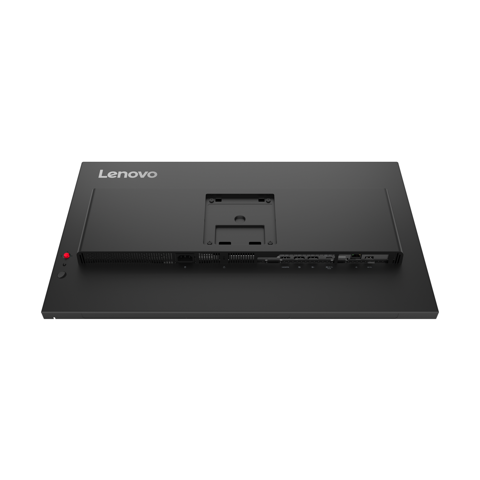Rückansicht eines schwarzen Lenovo-Monitors auf schwarzem Hintergrund. Anschlüsse und Lüftungsschlitze sind sichtbar.
