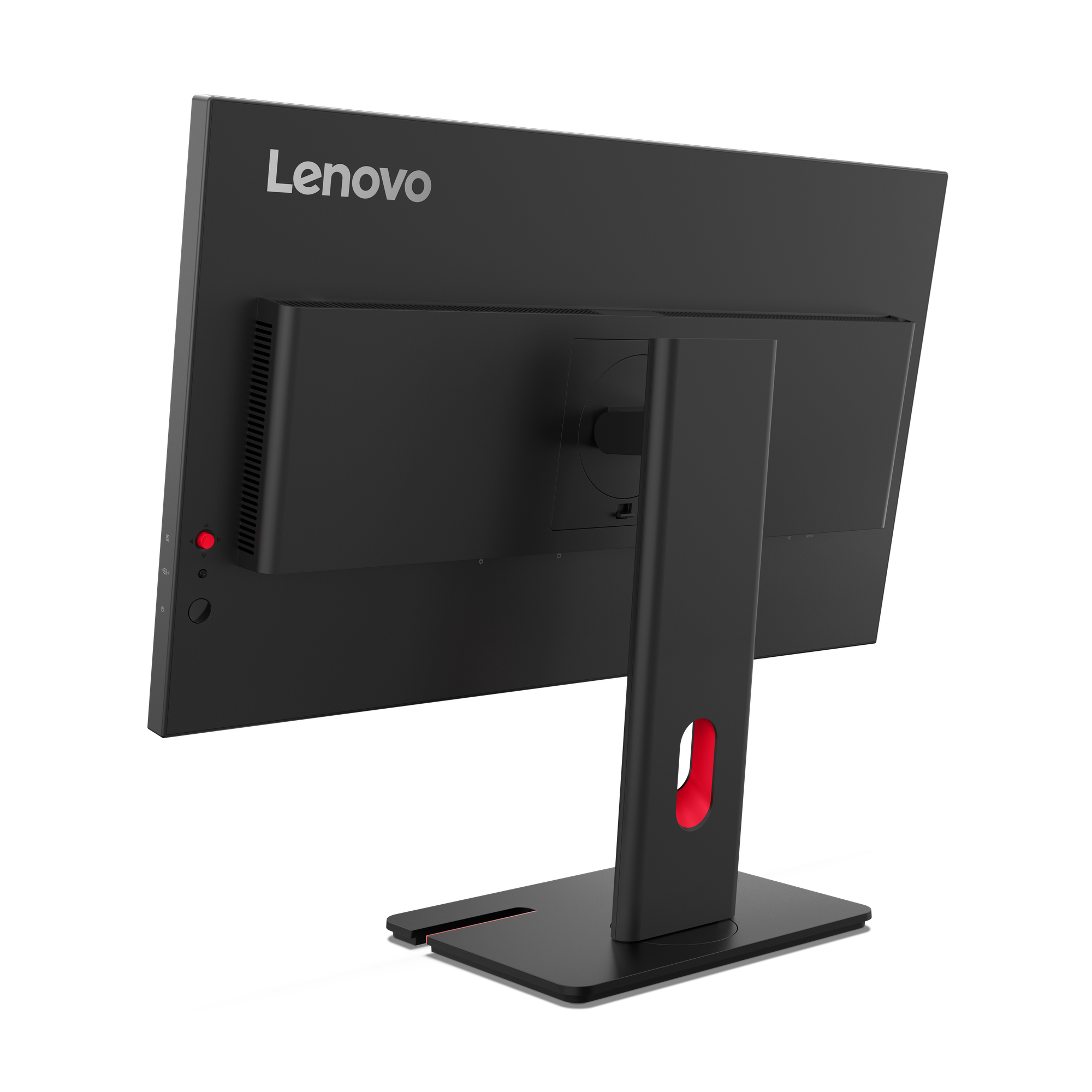 Schwarzer Lenovo-Monitorrücken, rote Akzente an Ständer und Knöpfen. Power-Taste und Anschlüsse sichtbar. Schwarzer Hintergrund.
