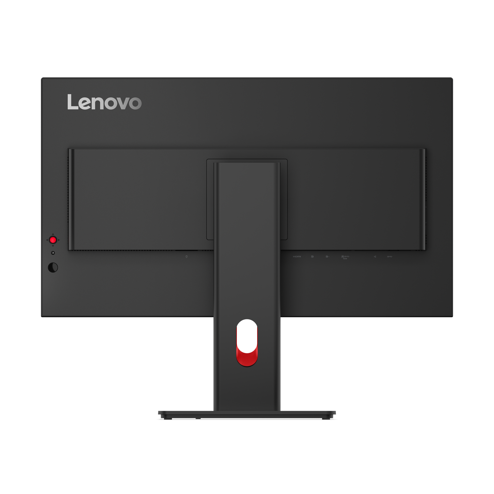 Rückansicht eines schwarzen Lenovo-Monitors. Er hat einen Standfuß, rote Akzente und Anschlüsse.