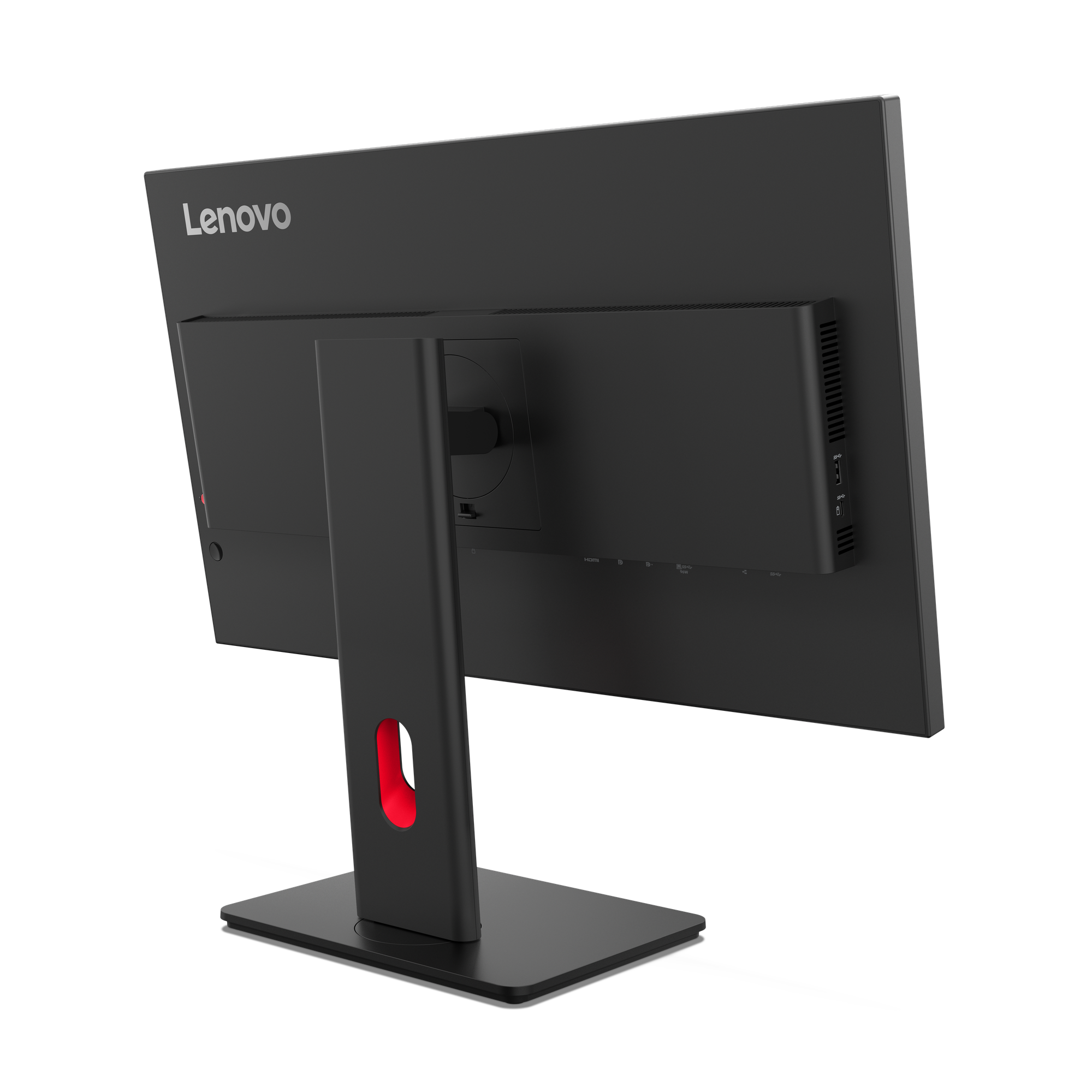 Rückansicht eines schwarzen Lenovo-Monitors. Er hat einen roten Akzent am Ständer. Der Hintergrund ist schwarz.