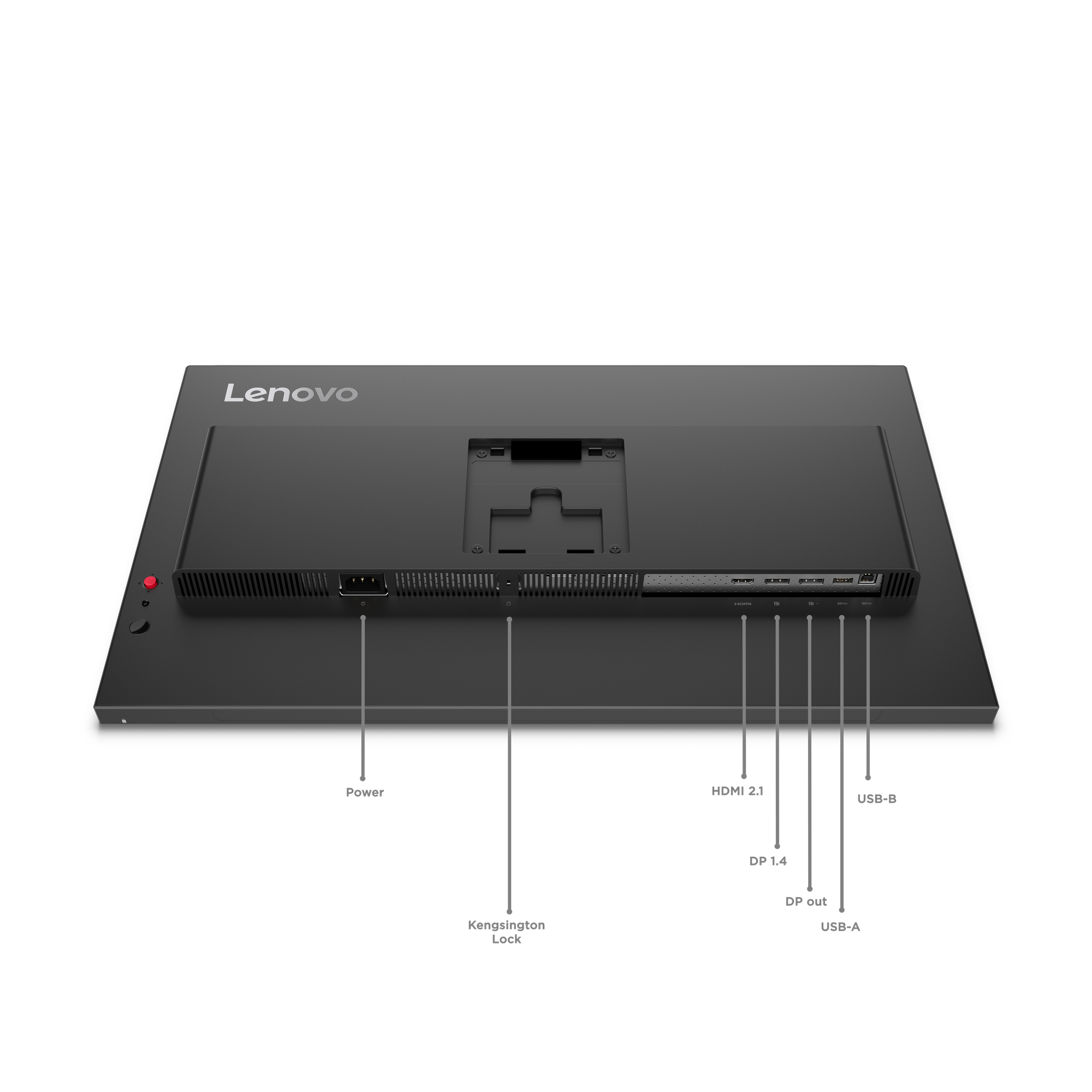 Rückseite eines schwarzen Lenovo-Monitors mit HDMI-, DP- und USB-Anschlüssen. Strom- und Kensington-Lock-Anschlüsse.