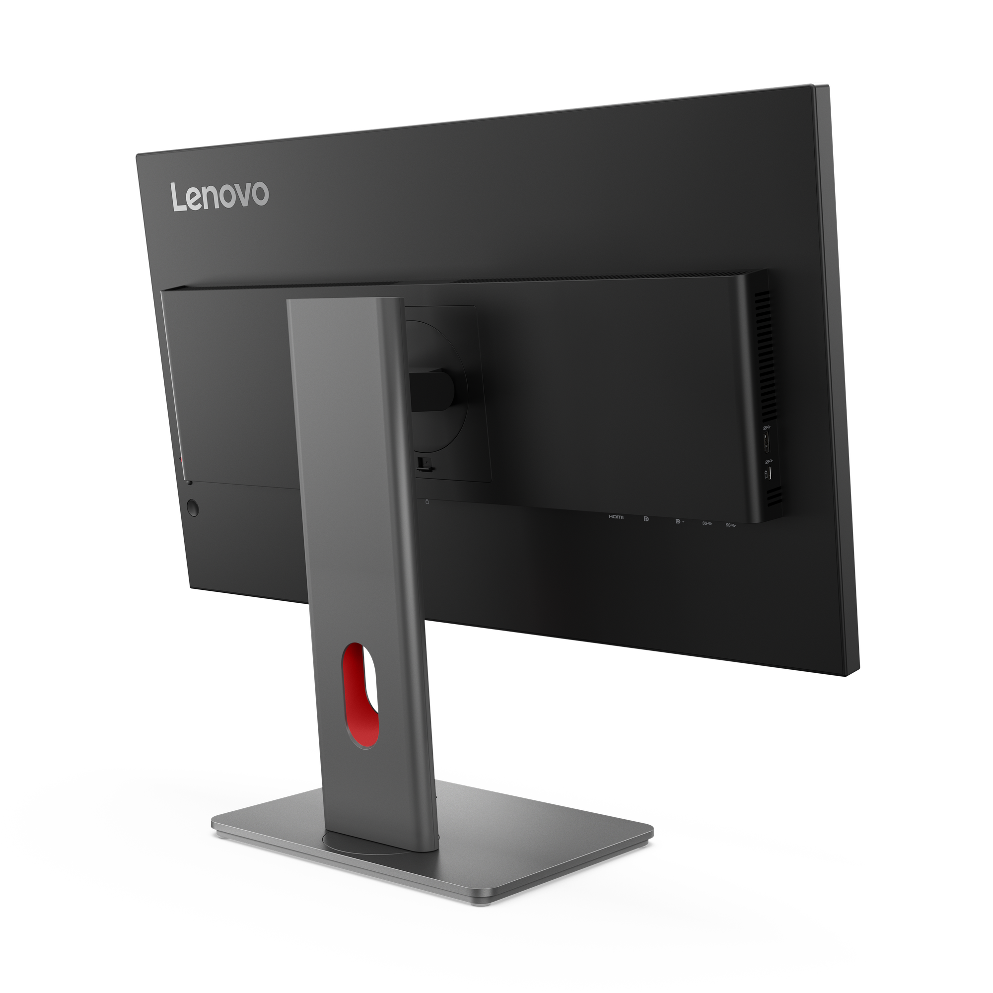 Rückansicht eines Lenovo-Monitors. Er ist schwarz mit einem grauen Ständer und einem roten Akzent. Das Lenovo-Logo ist sichtbar.