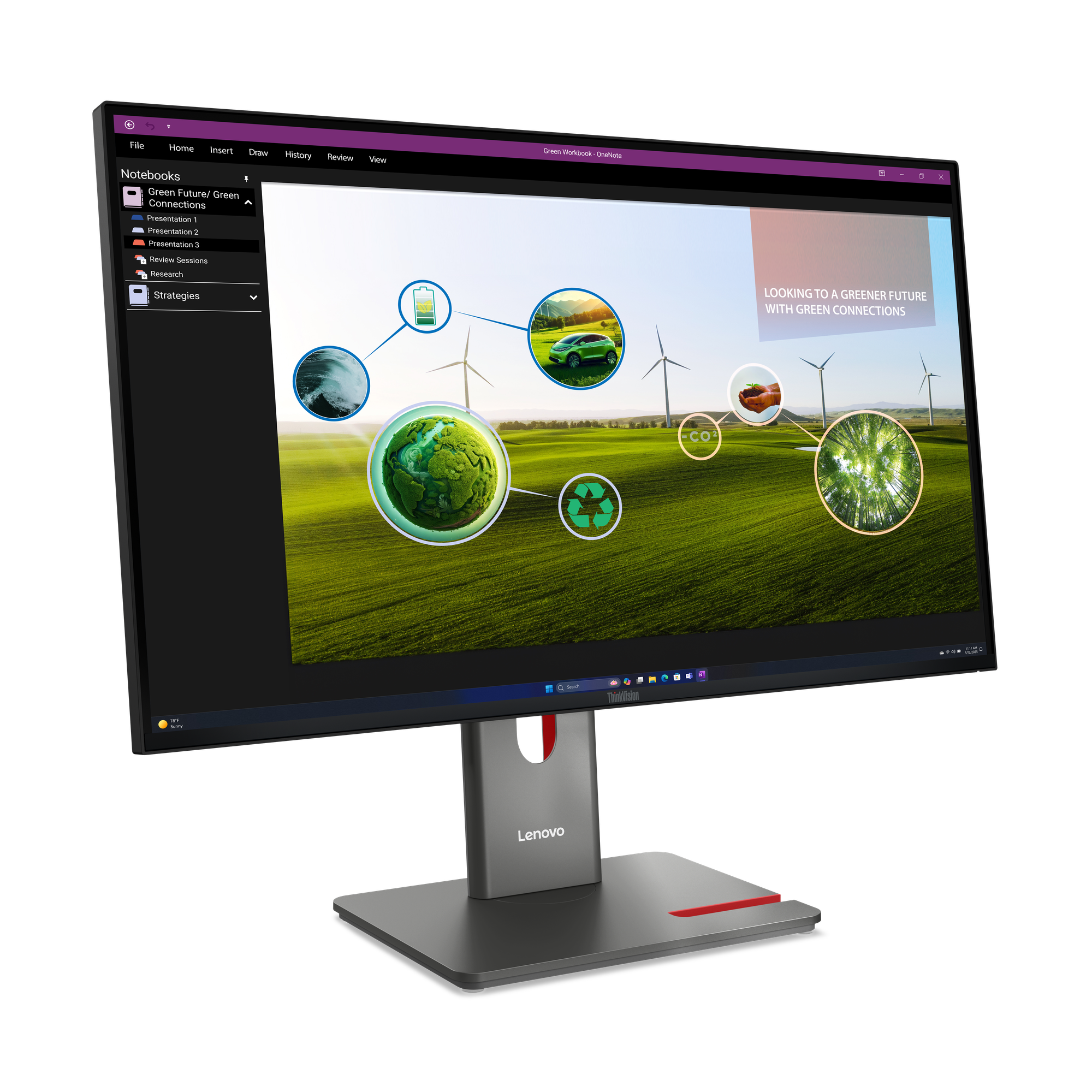 Lenovo-Monitor zeigt Präsentation über grüne Zukunft. Es zeigt Feld, Windräder und ökologische Symbole.