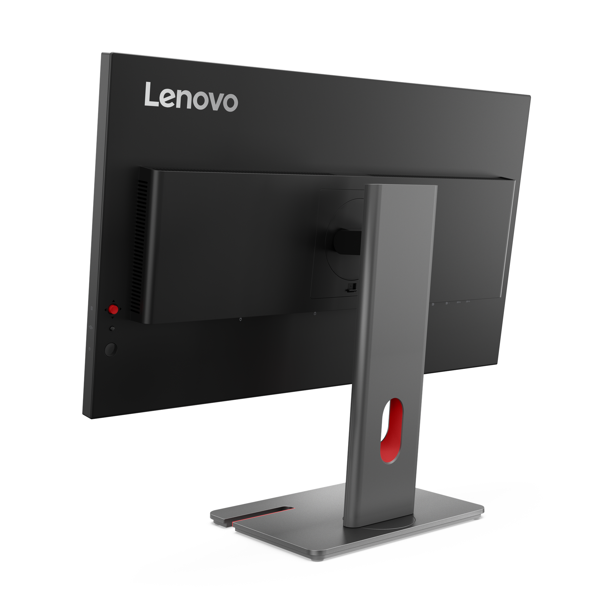Rückansicht eines schwarzen Lenovo-Monitors. Er hat einen grauen Ständer mit rotem Akzent. Lenovo-Logo sichtbar.