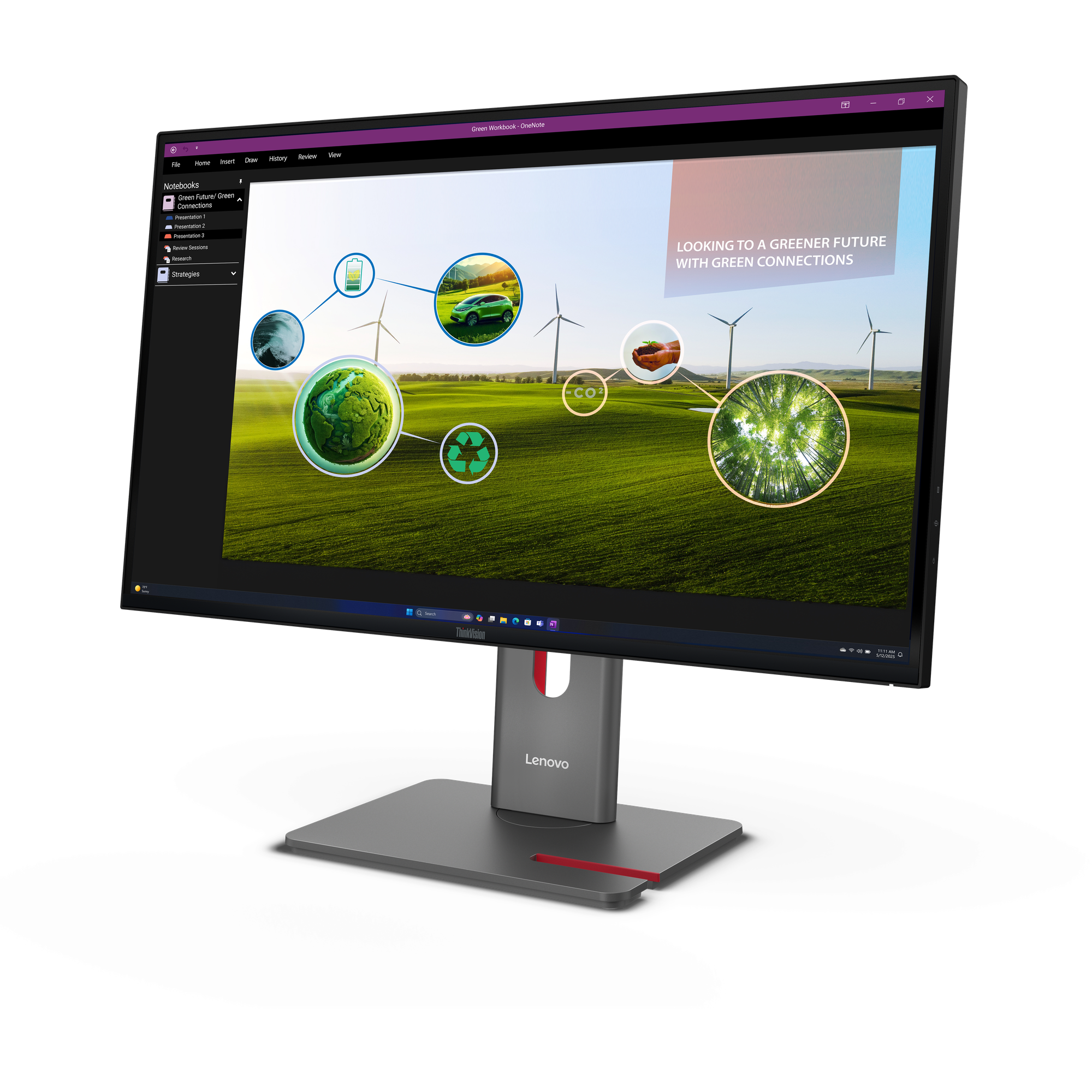 Ein Lenovo-Monitor zeigt eine Präsentation über eine grüne Zukunft. Grafiken umfassen Windräder, ein Auto und Bäume, mit Text.