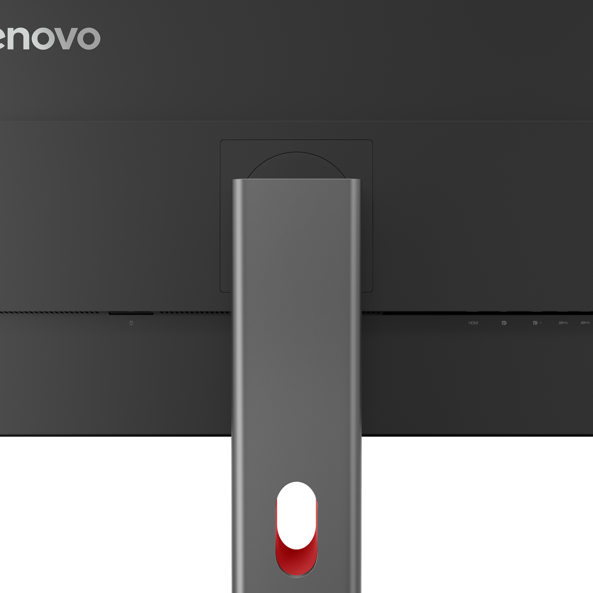 Rückseite eines schwarzen Lenovo-Monitors. Ein grauer Ständer mit roter Akzentfarbe. Anschlüsse unten und Logo oben.