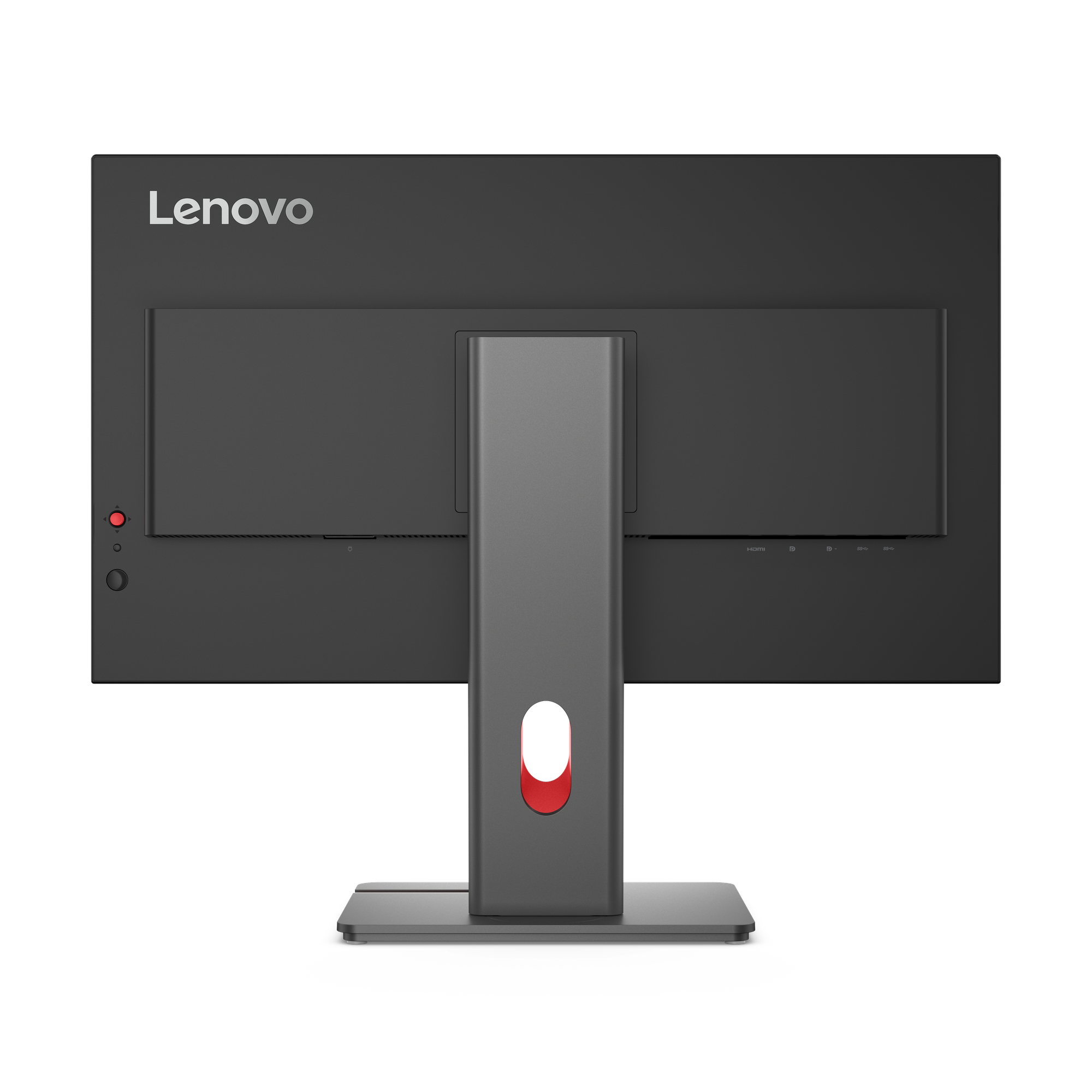 Rückseite eines schwarzen Lenovo-Monitors. Er hat einen Ständer und einen roten Akzent. Schwarzer Hintergrund.