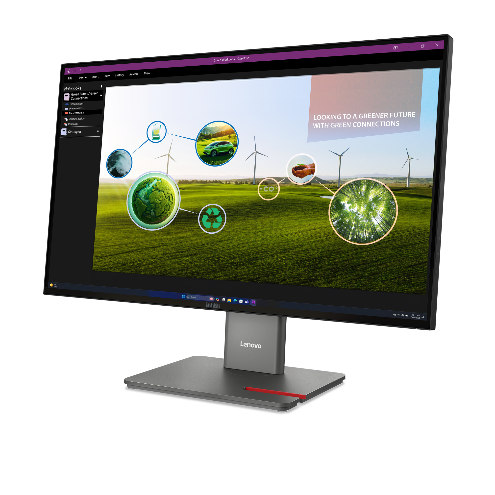 Ein Lenovo-Monitor zeigt eine Präsentation über grüne Energie. Der Bildschirm zeigt Windkraftanlagen, ein grünes Auto und ein CO2-Symbol.