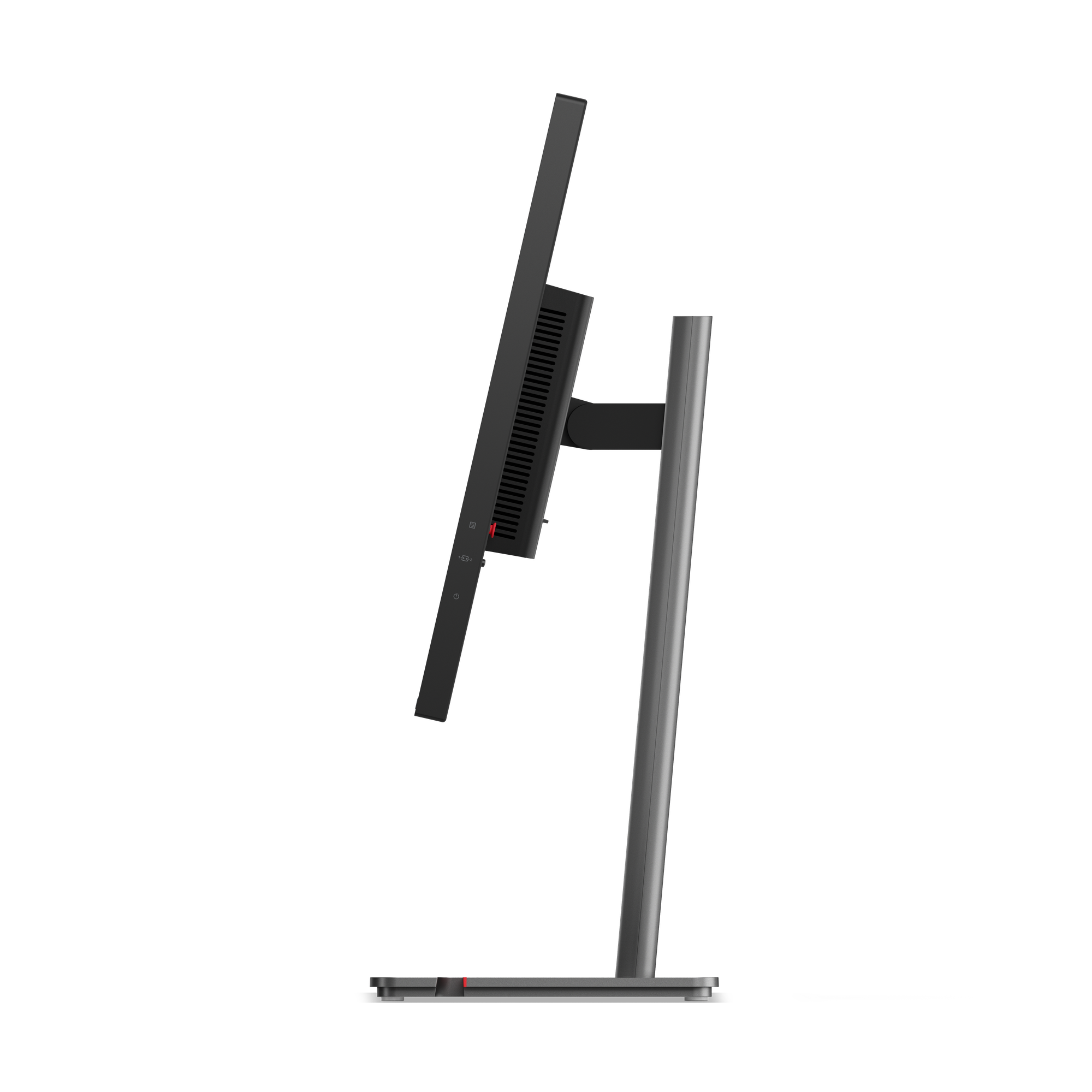 Seitenansicht eines schwarzen Computermonitors mit grauem Ständer vor schwarzem Hintergrund. Der Monitor ist geneigt.