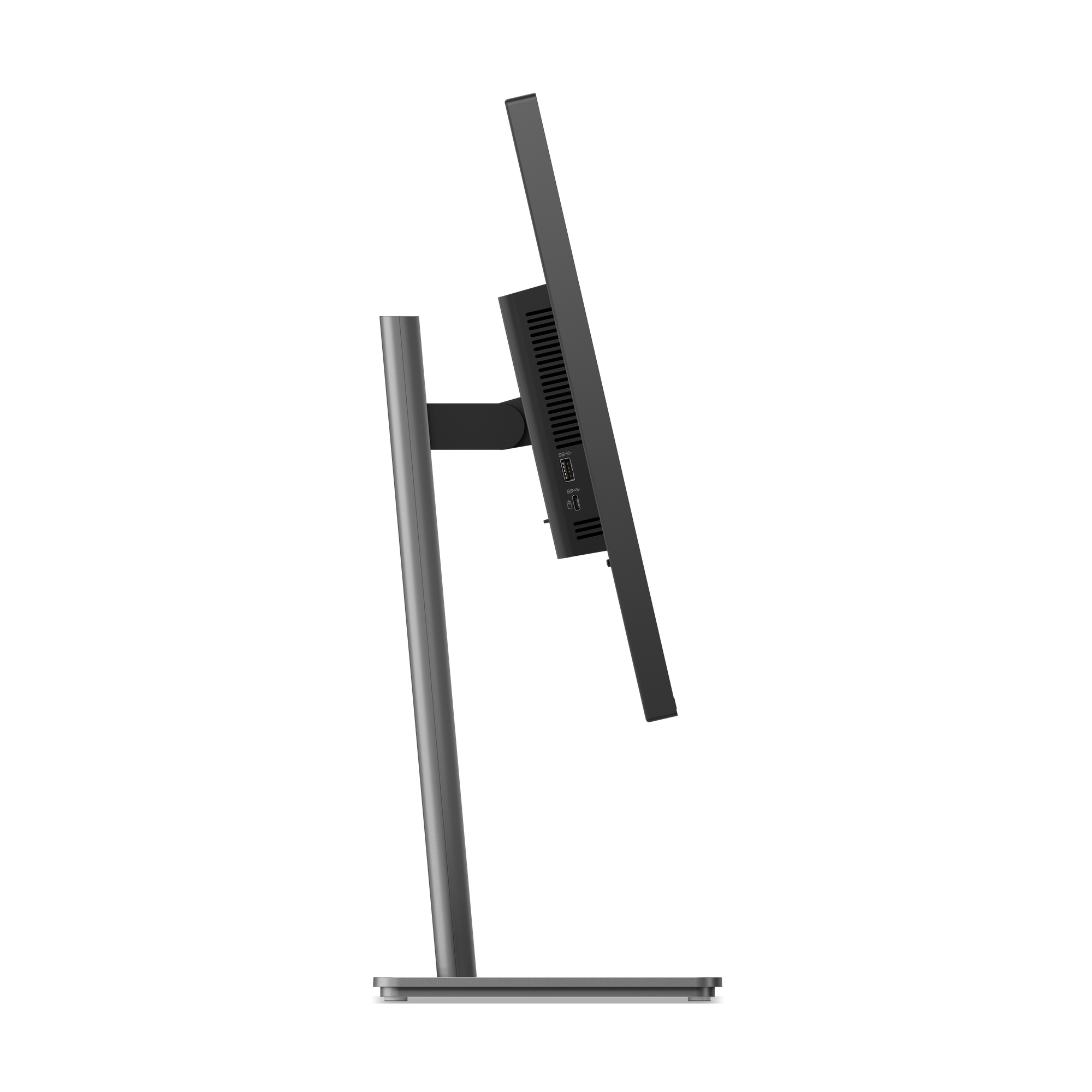 Seitenansicht eines Computermonitors. Er ist grau und leicht angewinkelt. Der Hintergrund ist schwarz.