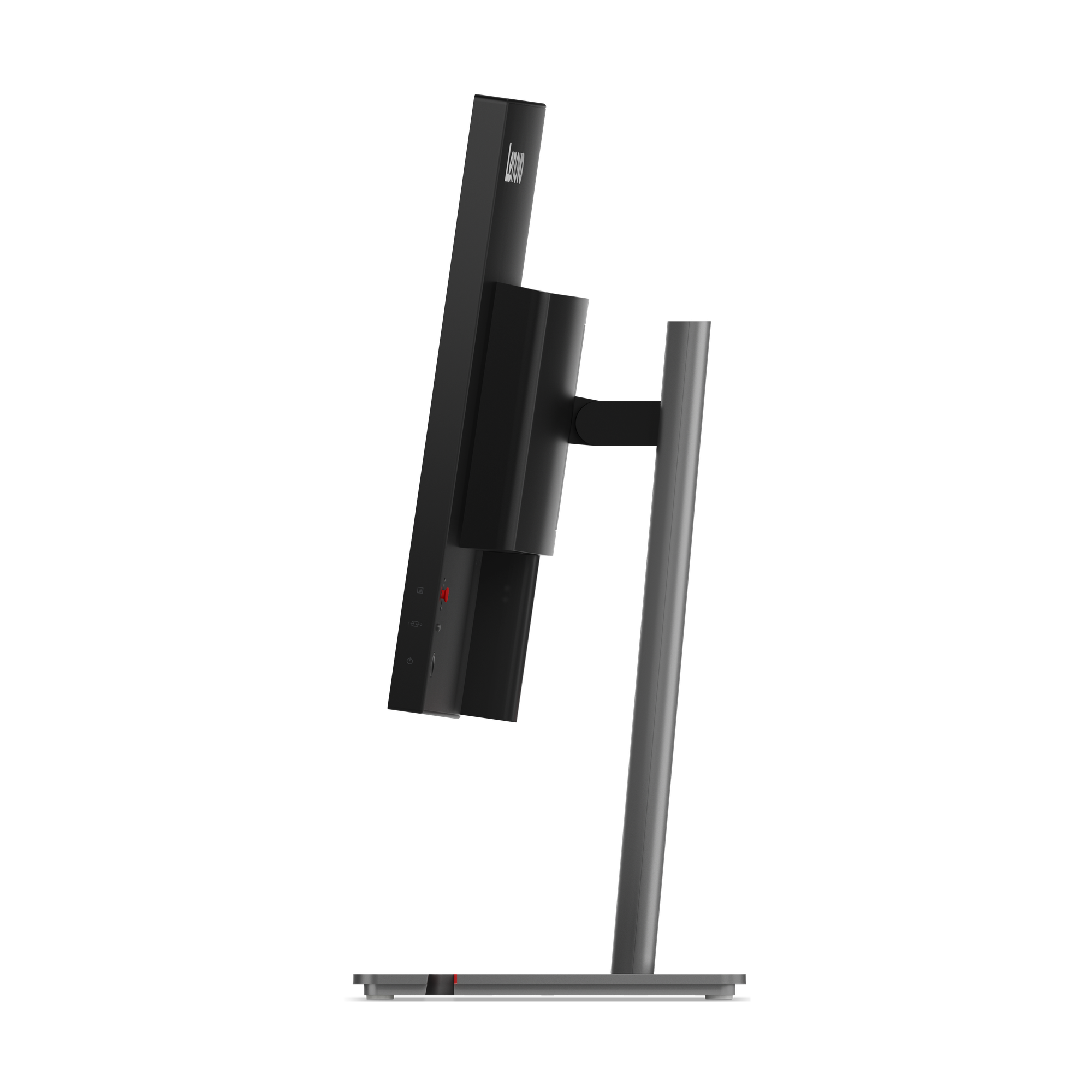 Ein schwarzer Lenovo-Monitor, Seitenansicht, auf einem grauen Ständer vor schwarzem Hintergrund.