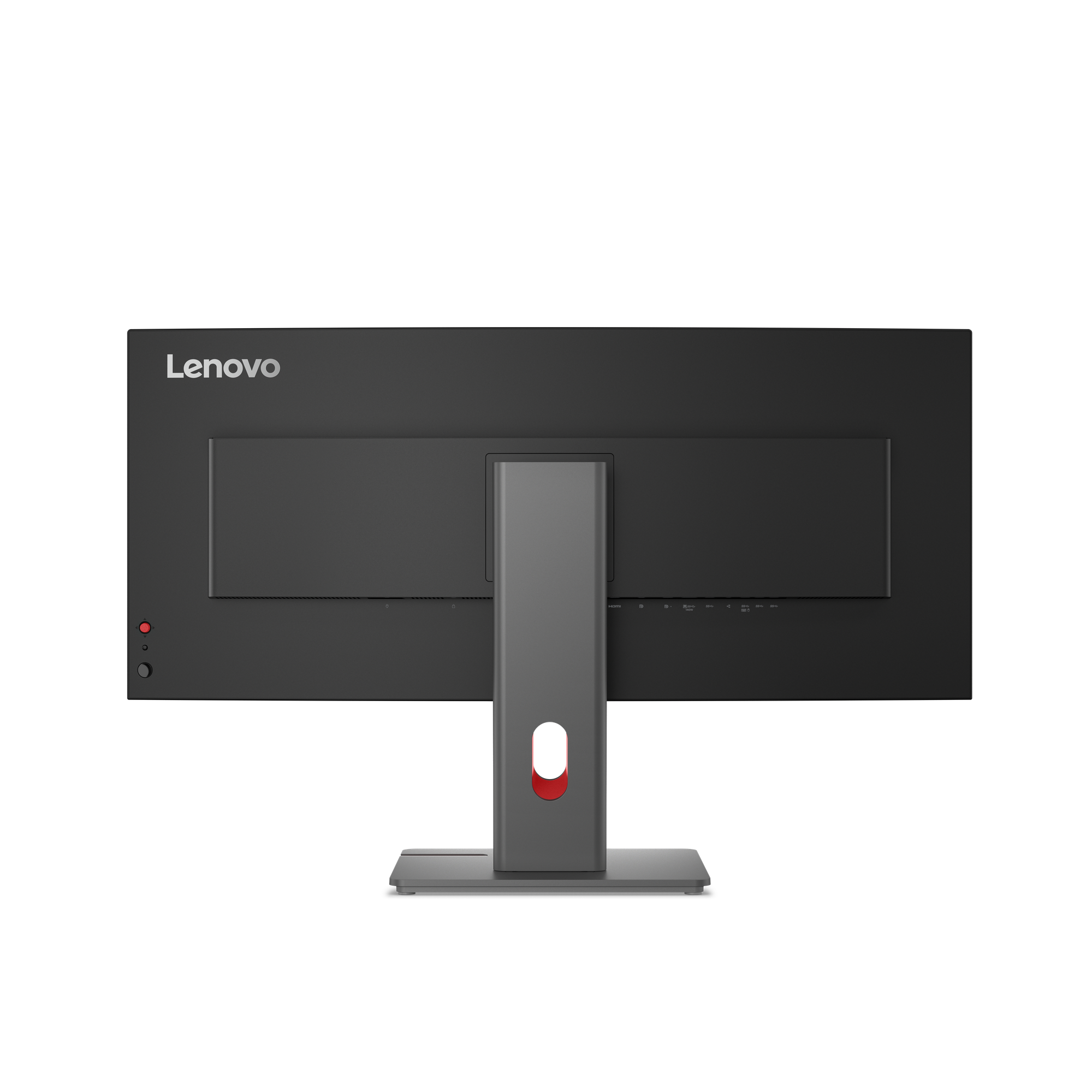 Rückansicht eines Lenovo-Monitors auf schwarzem Hintergrund. Er hat einen grauen Ständer mit rotem Akzent.