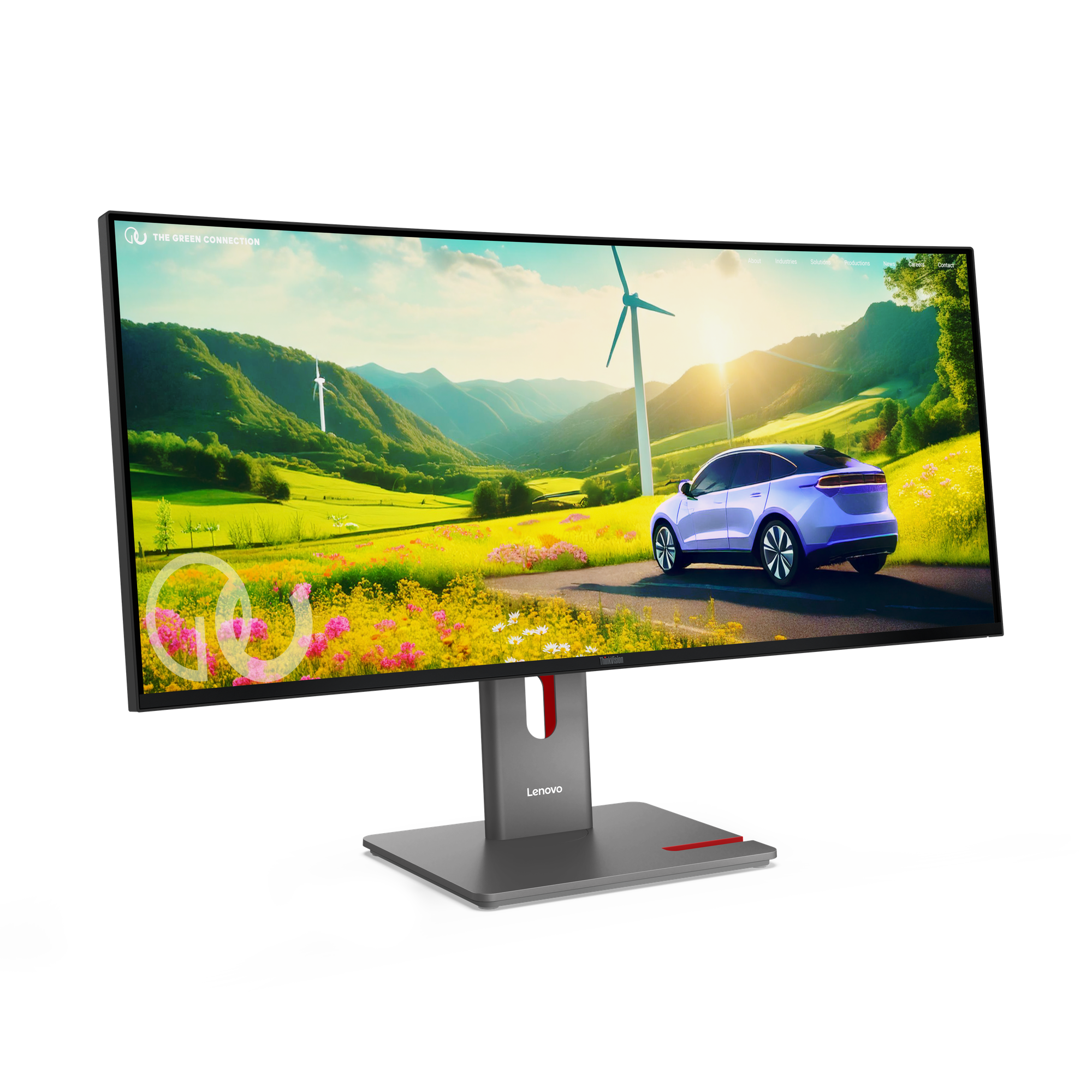 Ein Lenovo-Monitor zeigt eine umweltfreundliche Szene. Ein lila Auto fährt an Windrädern vorbei. Im Hintergrund grüne Hügel.