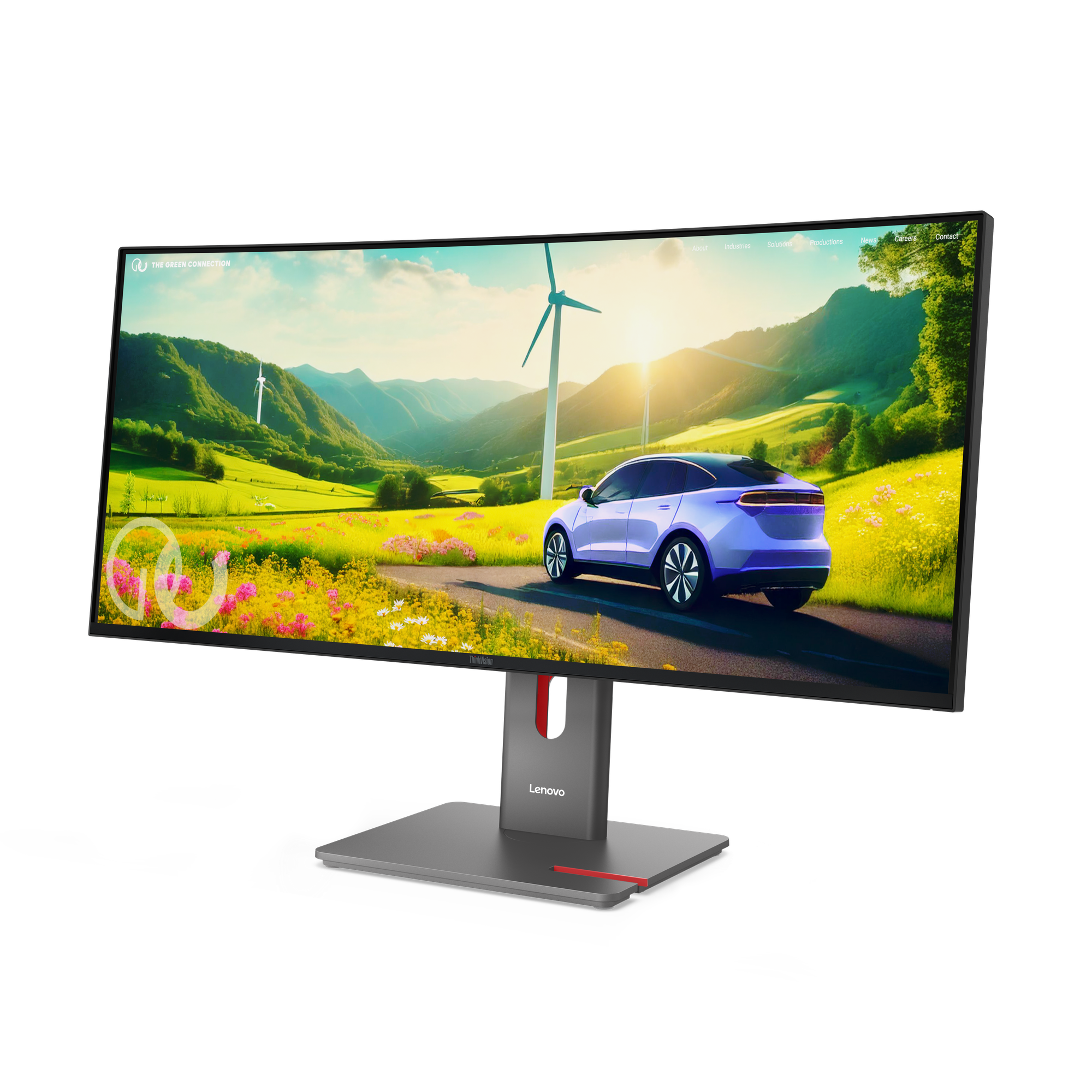 Ein Lenovo-Monitor zeigt eine Szene mit einem Auto auf einer Straße, Windturbinen und einer grünen Landschaft.
