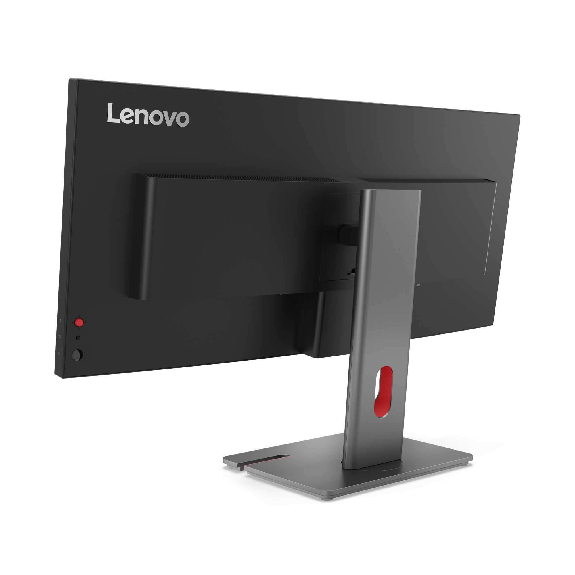Schwarzer Lenovo-Monitor, Rückansicht. Grauer Ständer mit rotem Akzent. Schwarzer Hintergrund.