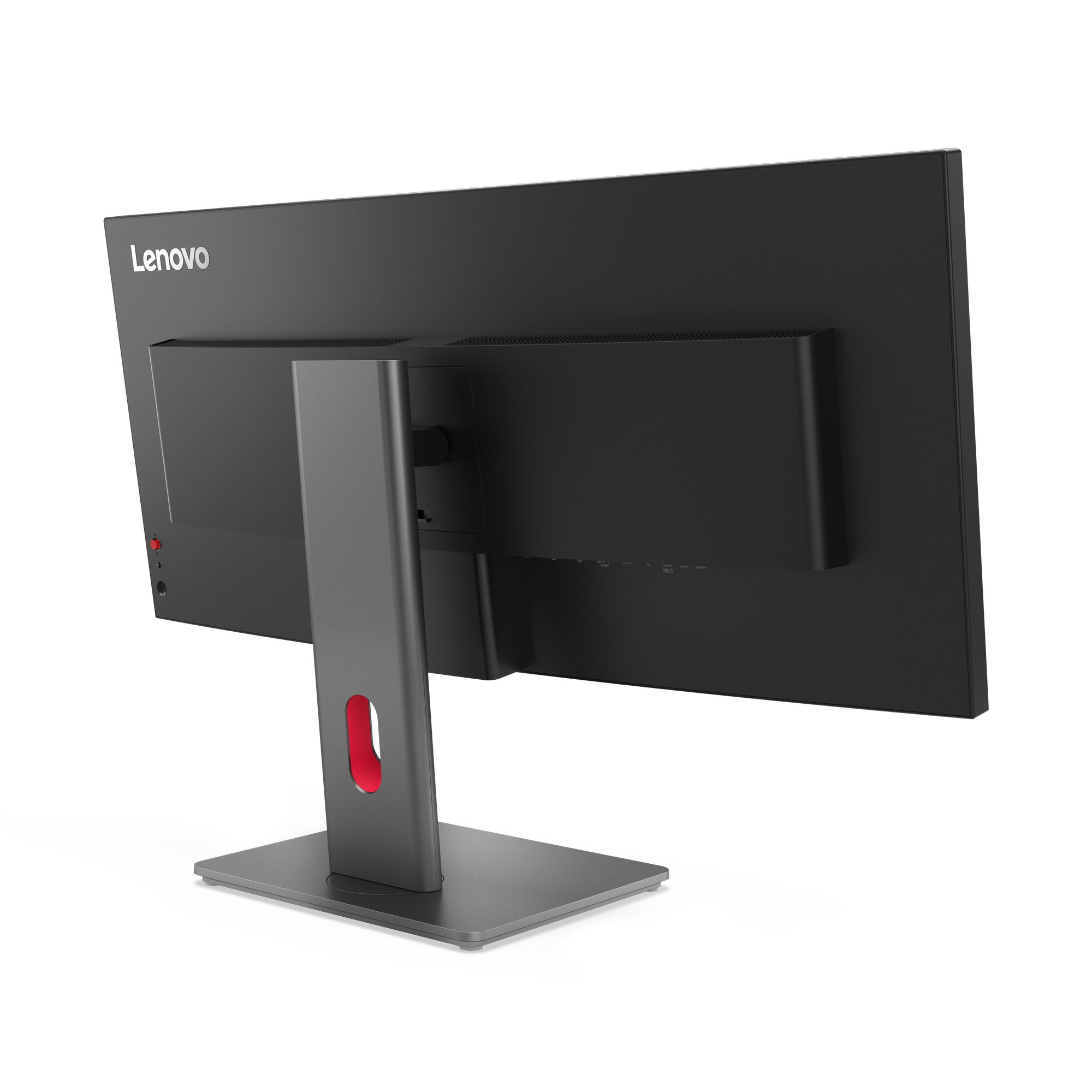 Rückansicht eines Lenovo-Monitors. Er ist schwarz mit grauem Ständer. Ein roter Akzent befindet sich am Ständer. Das Lenovo-Logo ist sichtbar.