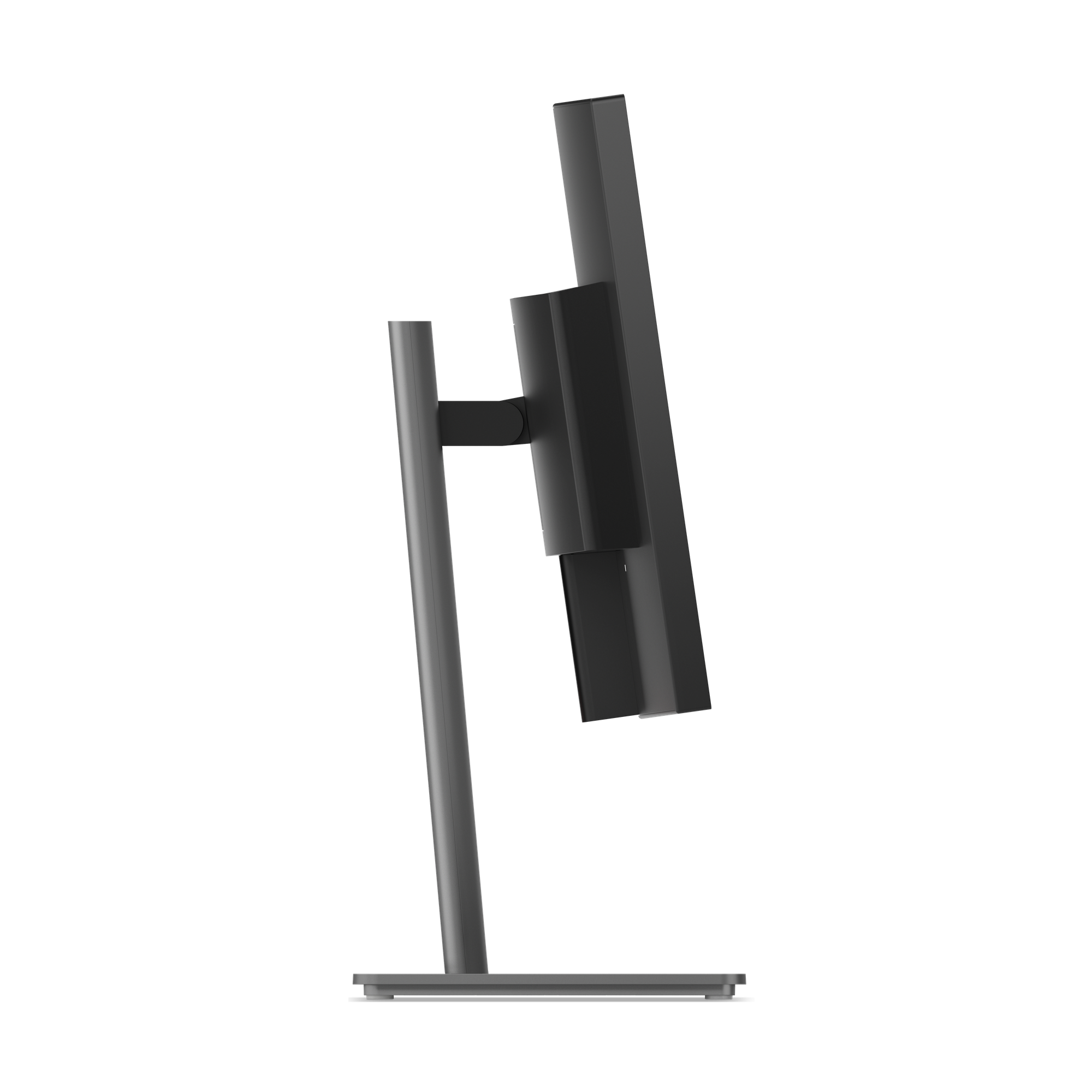 Ein schwarzer Computermonitor wird von der Seite gezeigt. Er ist auf einem silbernen Ständer montiert. Der Hintergrund ist schwarz.
