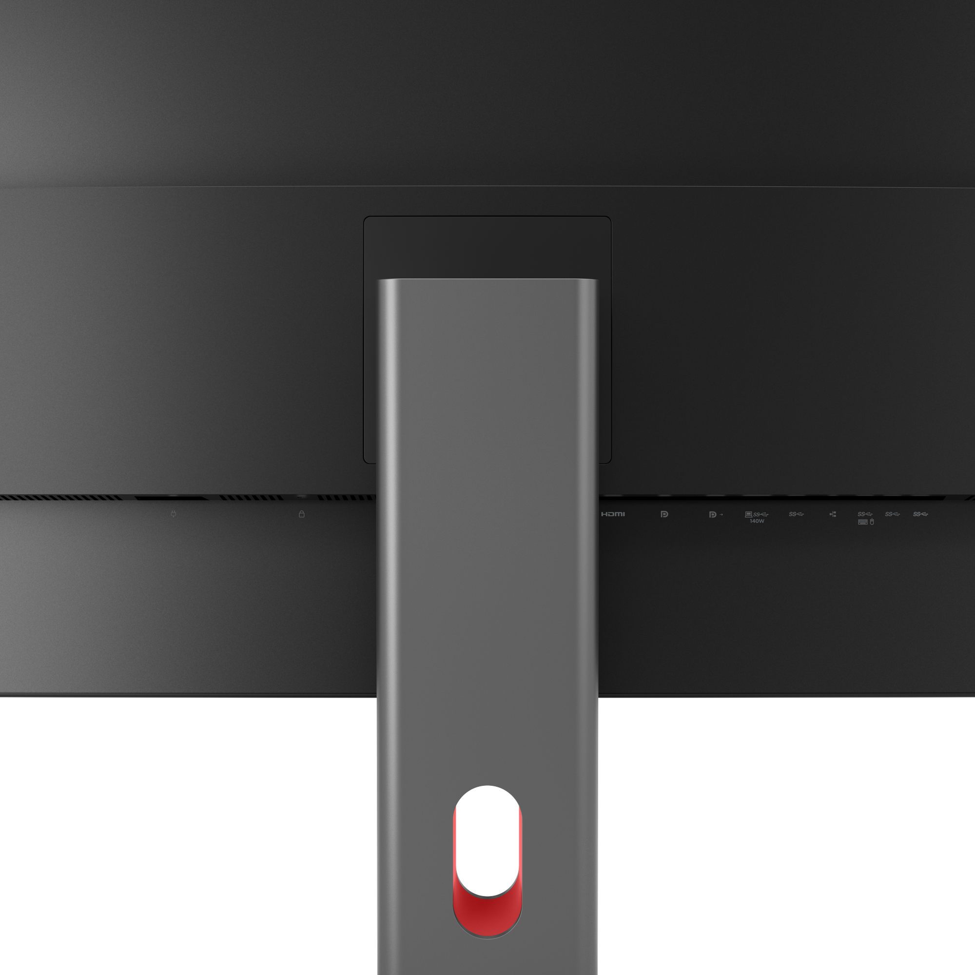 Rückseite eines grauen Monitors mit grauem Ständer. Zu den Merkmalen gehören Anschlüsse, ein roter Akzent und das HDMI-Logo.