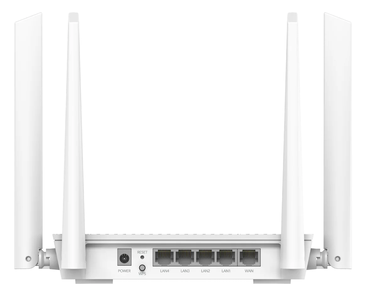 Biały router z pięcioma antenami. Posiada porty z oznaczeniami LAN1-4 i WAN. Widoczne są przyciski zasilania, resetowania i WPS.