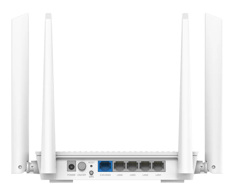 Biały router z 6 antenami, oznaczony portami i przyciskami. Czarne tło. Widok z góry.