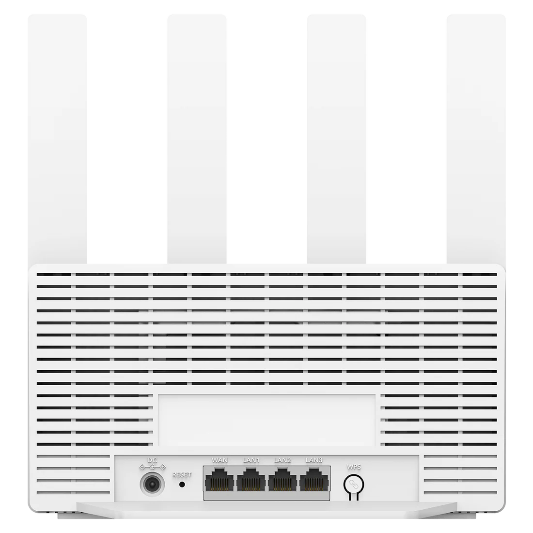 Biały router z czterema pionowymi antenami. Posiada porty oznaczone WAN, LAN1, LAN2, LAN3 i WPS. Obecne są przyciski DC i reset.