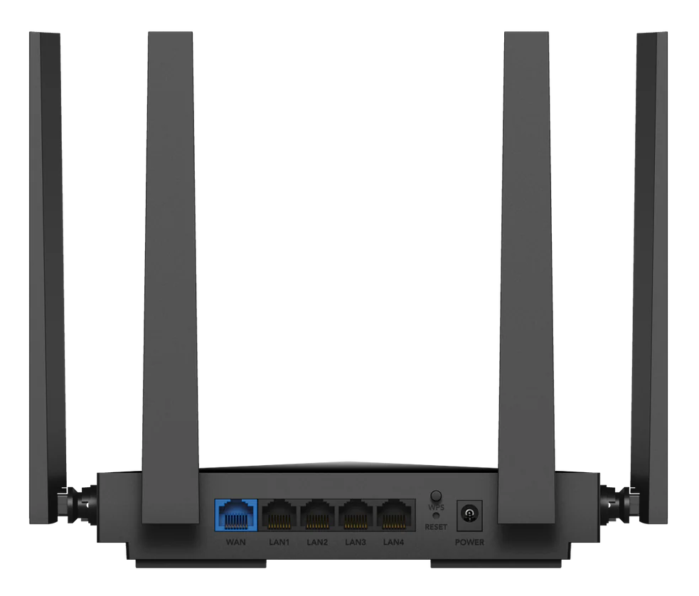 Czarny router z czterema antenami. Posiada porty oznaczone jako WAN, LAN1-4, WPS, RESET i POWER. Tło jest czarne.