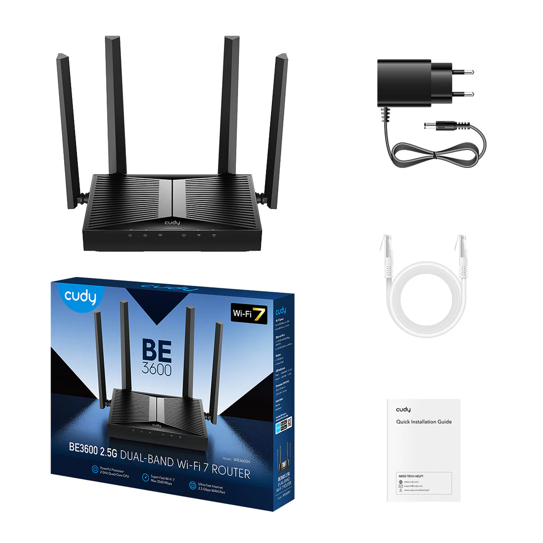 Pokazano czarny router Cudy Wi-Fi 7, akcesoria i opakowanie. Router ma anteny. Obecny jest również zasilacz, kabel i instrukcja.