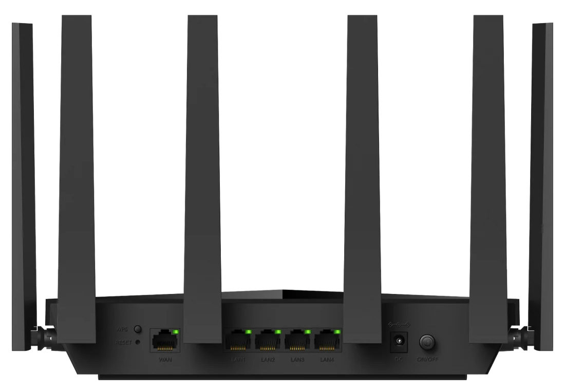 Czarny router z 6 antenami. Posiada porty z oznaczeniami WAN, LAN1-4 i zasilanie. Widoczne przyciski zasilania i resetowania.
