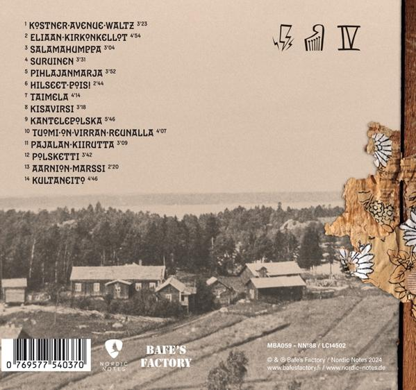 Albumcover. Titelliste, ländliche Landschaft in Sepia, zerrissenes Papier rechts. Text auf Finnisch.