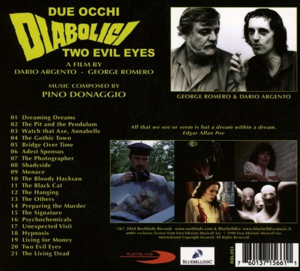 CD-Cover für den Film Two Evil Eyes. Enthält Dario Argento und George Romero, mit Filmbildern und einer Titelliste.