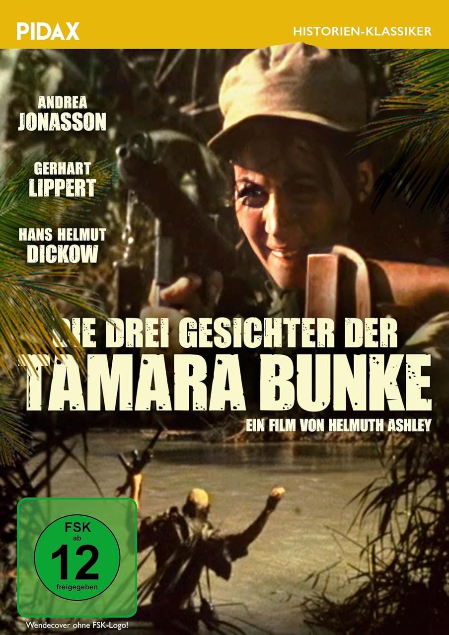 Kinoposter: Eine Frau mit Hut, Filmtitel 'Die Drei Gesichter der Tamara Bunke'. Grünes FSK 12 Logo.