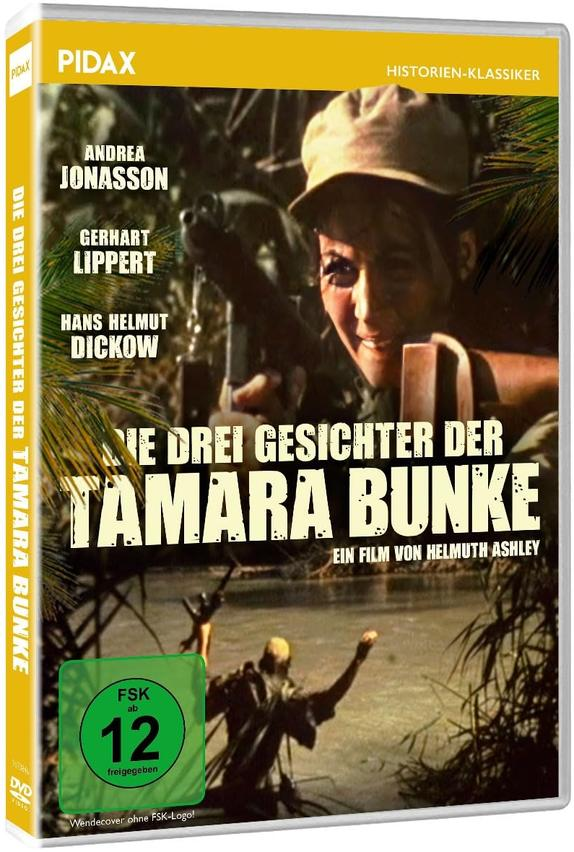 DVD-Cover eines Kriegsfilms. Eine Frau mit Hut zielt mit einer Waffe. Titel: 'Die Drei Gesichter der Tamara Bunke'.