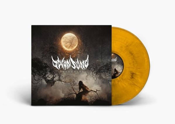 Albumcover von "Swan Song". Eine Frau sitzt unter einem Vollmond. Die Schallplatte ist gelb.
