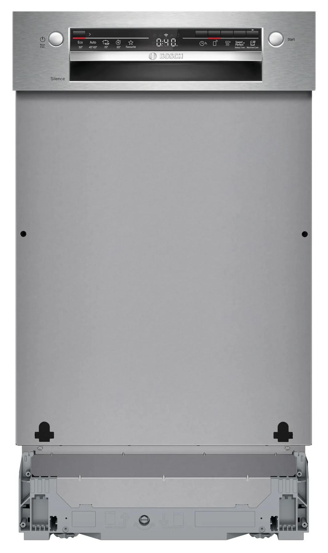 Srebrna zmywarka Bosch. Ma panel sterowania u góry z przyciskami i wyświetlaczem pokazującym '0:40'. Drzwi są zamknięte.