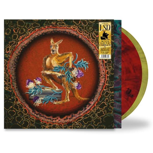 Albumcover mit Känguru, das Blumen hält, in einem roten Kreis. Schallplatte schaut von der Seite heraus.