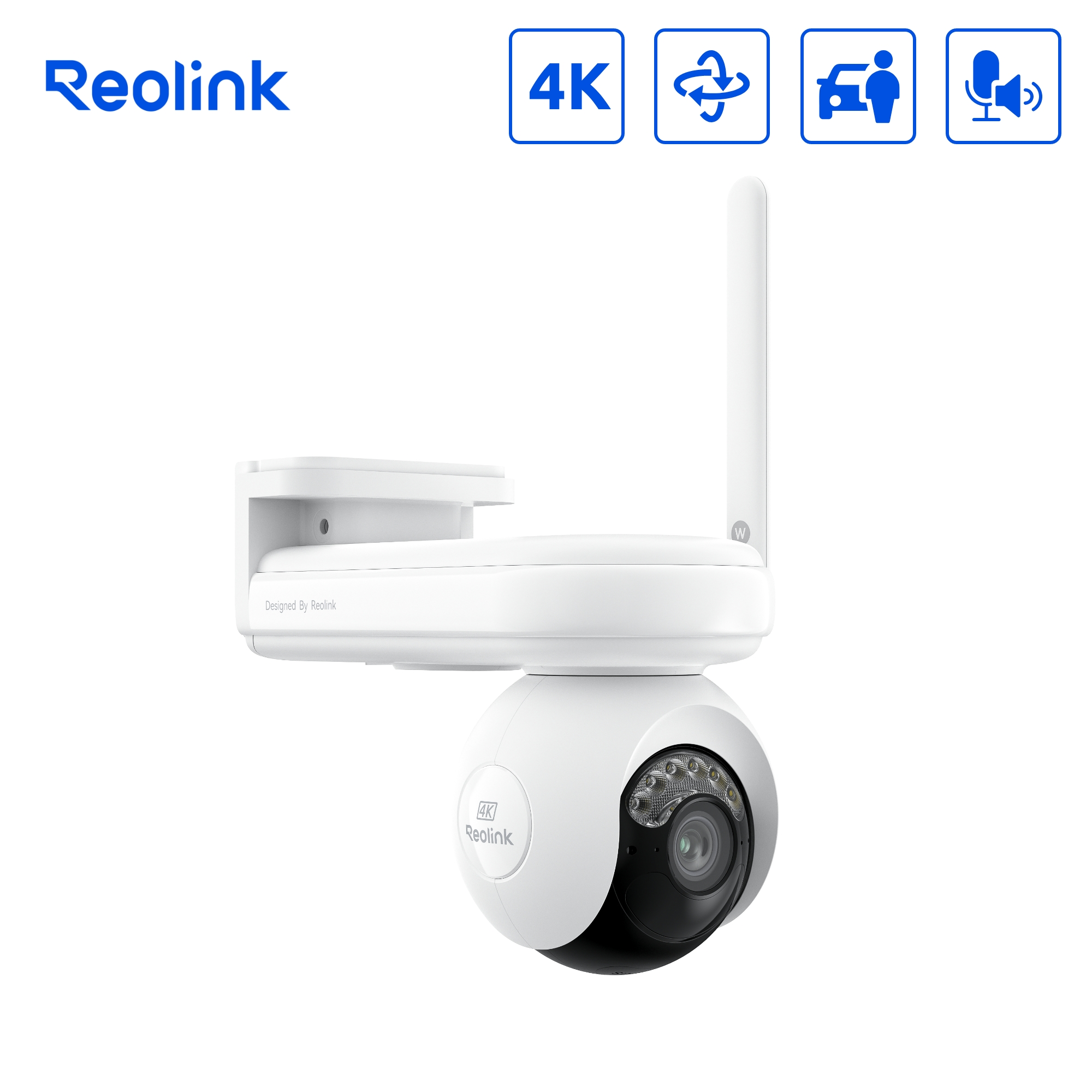 Weiße Reolink-Sicherheitskamera mit 4K, Drehung, Autoerkennung und Lautsprechersymbolen. Mit Objektiv und Antenne.